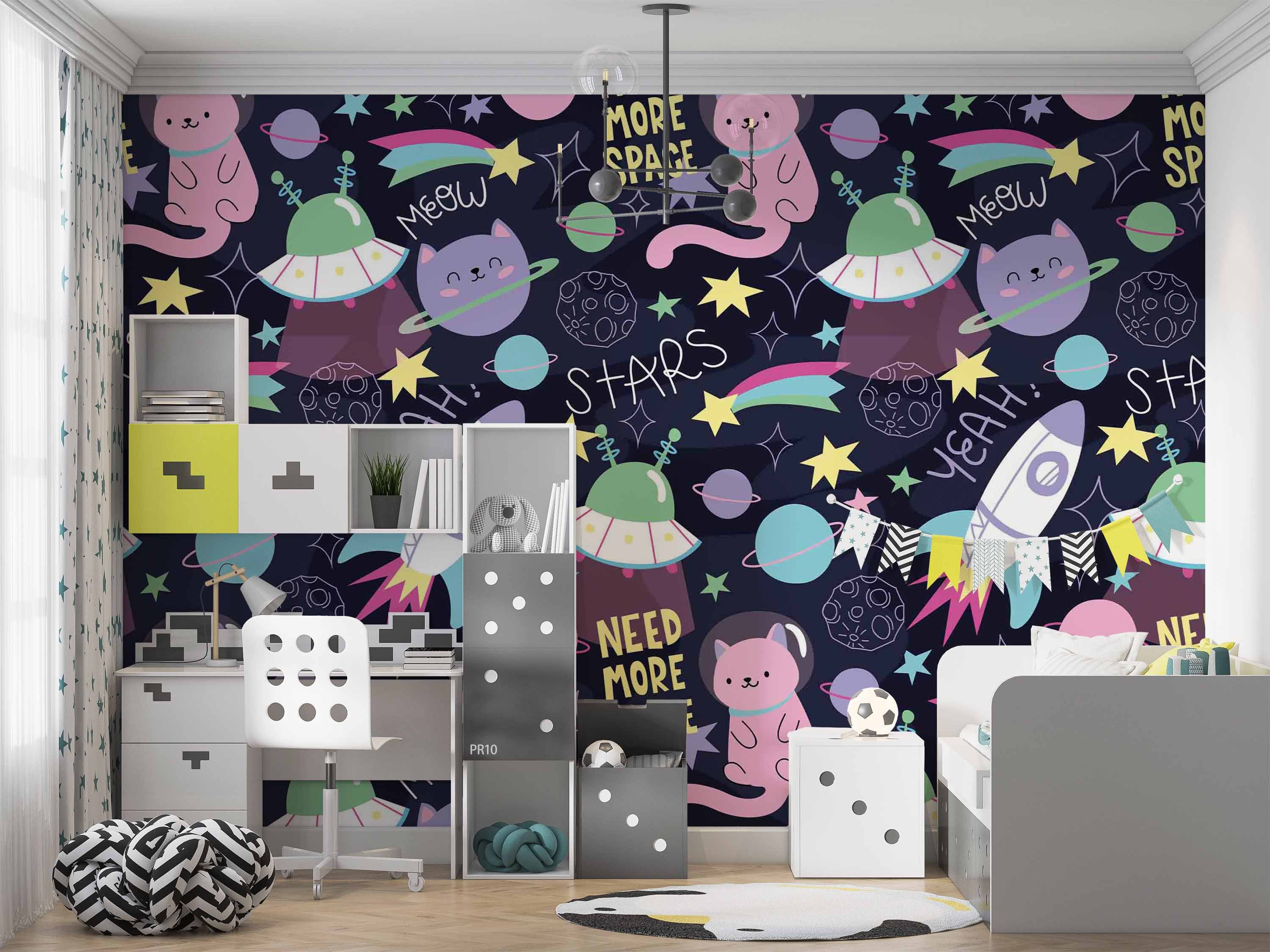 3D Space Cat Pattern space cat cartoon pattern wall mural wallpaper for playroom - view 4
