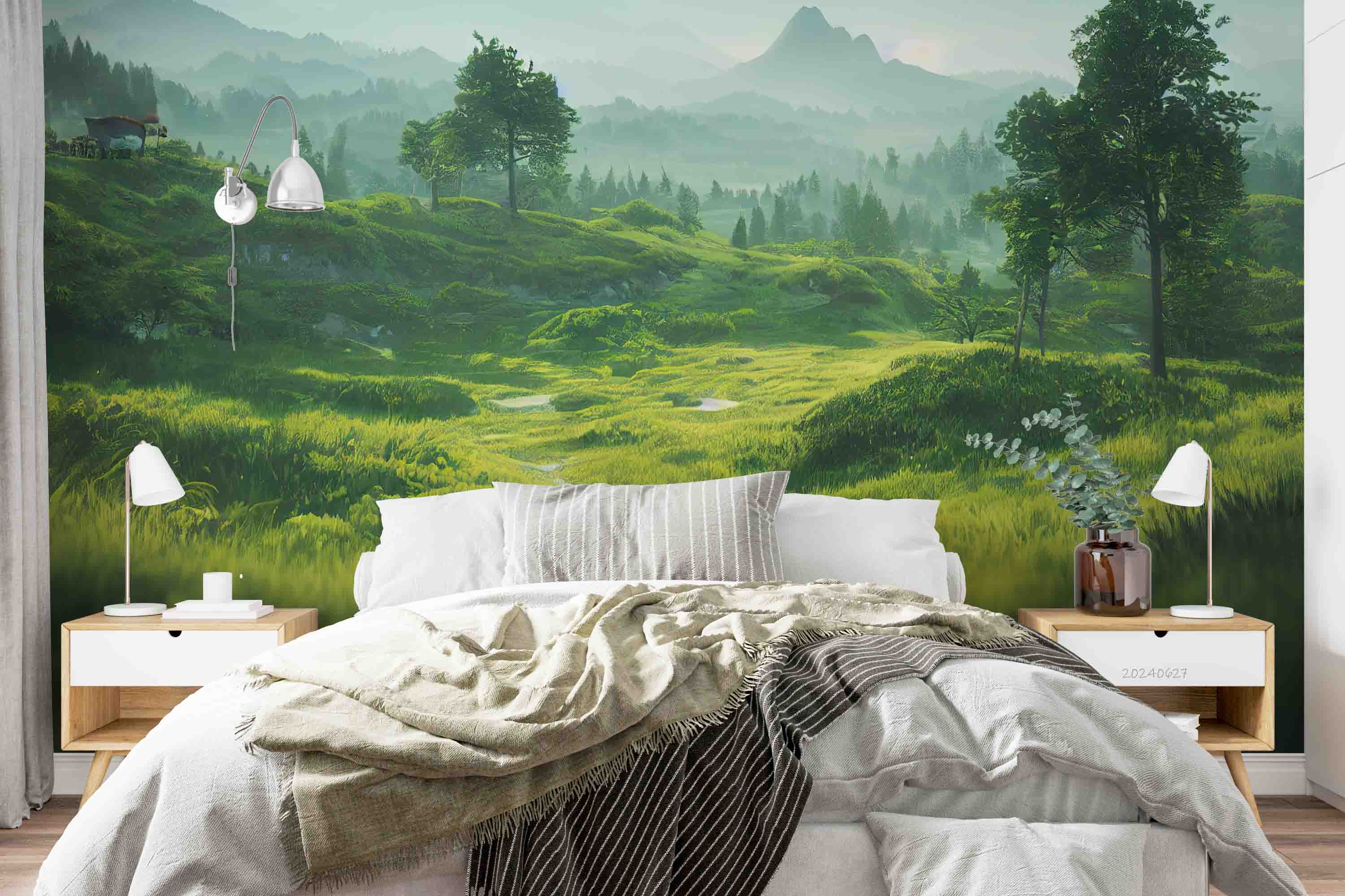 3D Forest Tree Mountain Grassland Sea Wall Mural Wallpaper YXL 741
