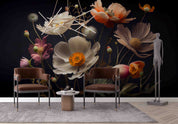 3D Hand Drawn White Floral Dark Background Wallpaper Wall Mural Wall Decor Wall Art Wall Sticker Remoable Wallpaper