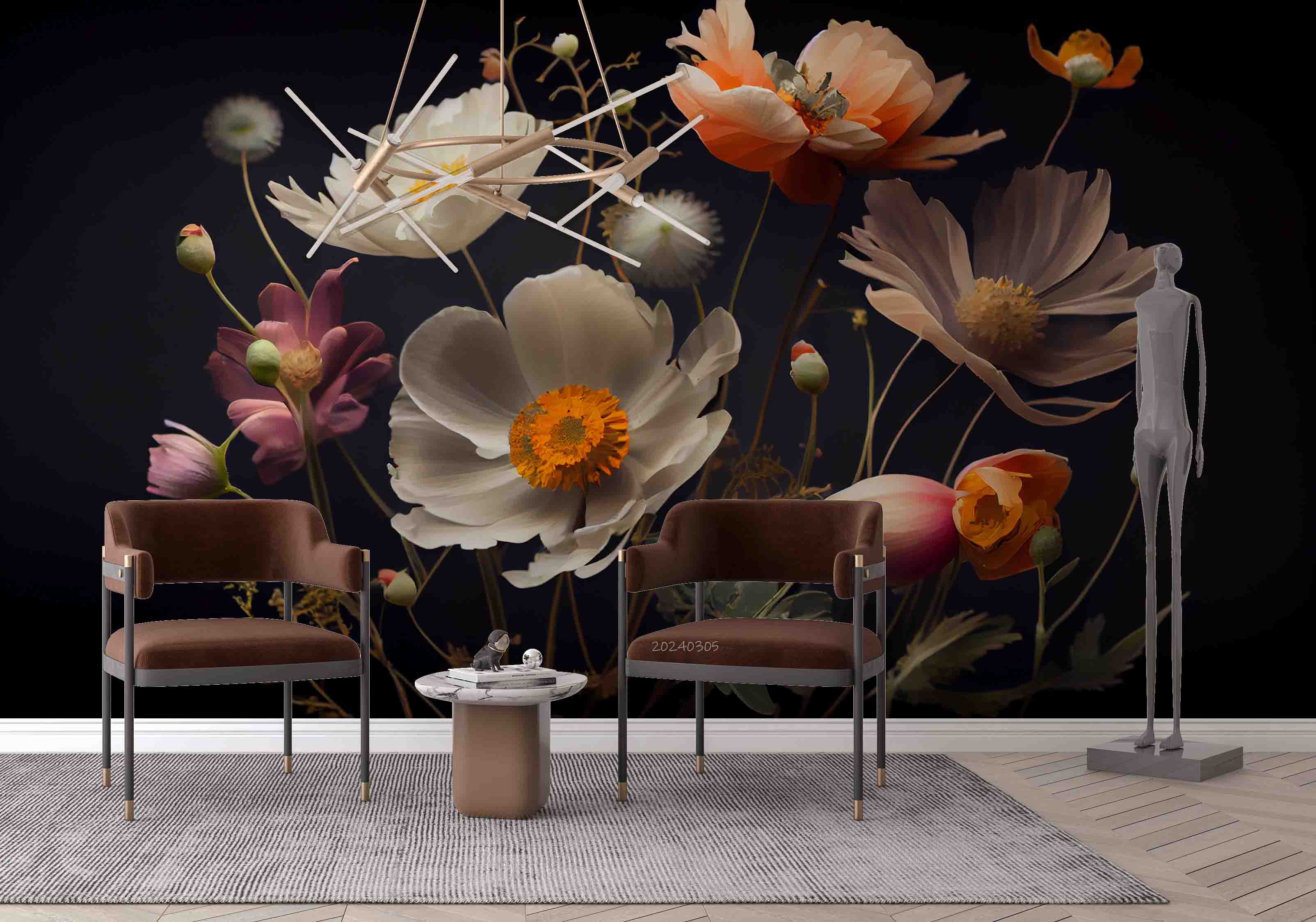 3D Hand Drawn White Floral Dark Background Wallpaper Wall Mural Wall Decor Wall Art Wall Sticker Remoable Wallpaper