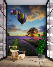 3D Sunset Clouds Sky Lavender Field English Countryside Landscape Hot Air Balloon Wall Mural Wallpaper GD 5055- Jess Art Decoration