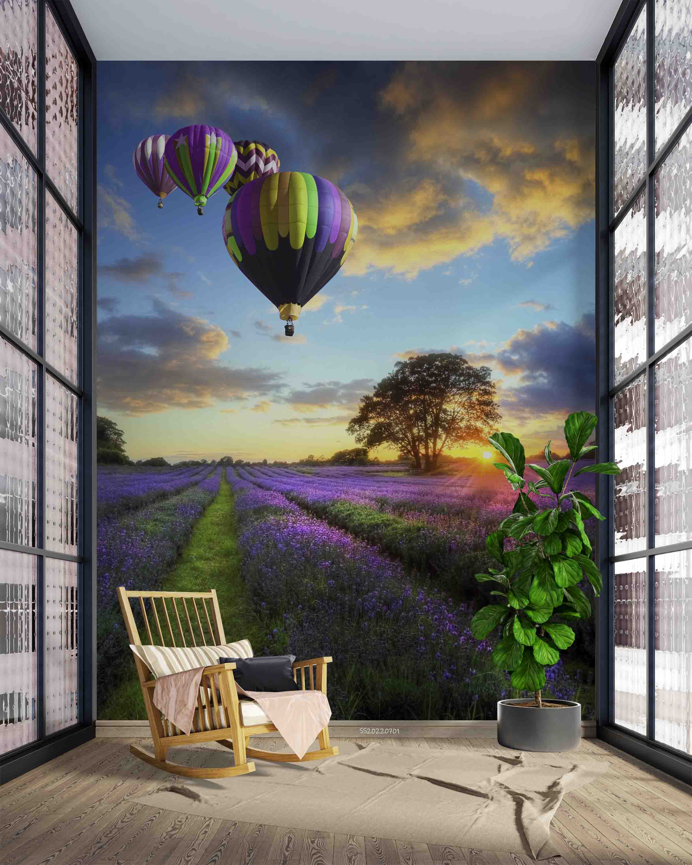 3D Sunset Clouds Sky Lavender Field English Countryside Landscape Hot Air Balloon Wall Mural Wallpaper GD 5055- Jess Art Decoration