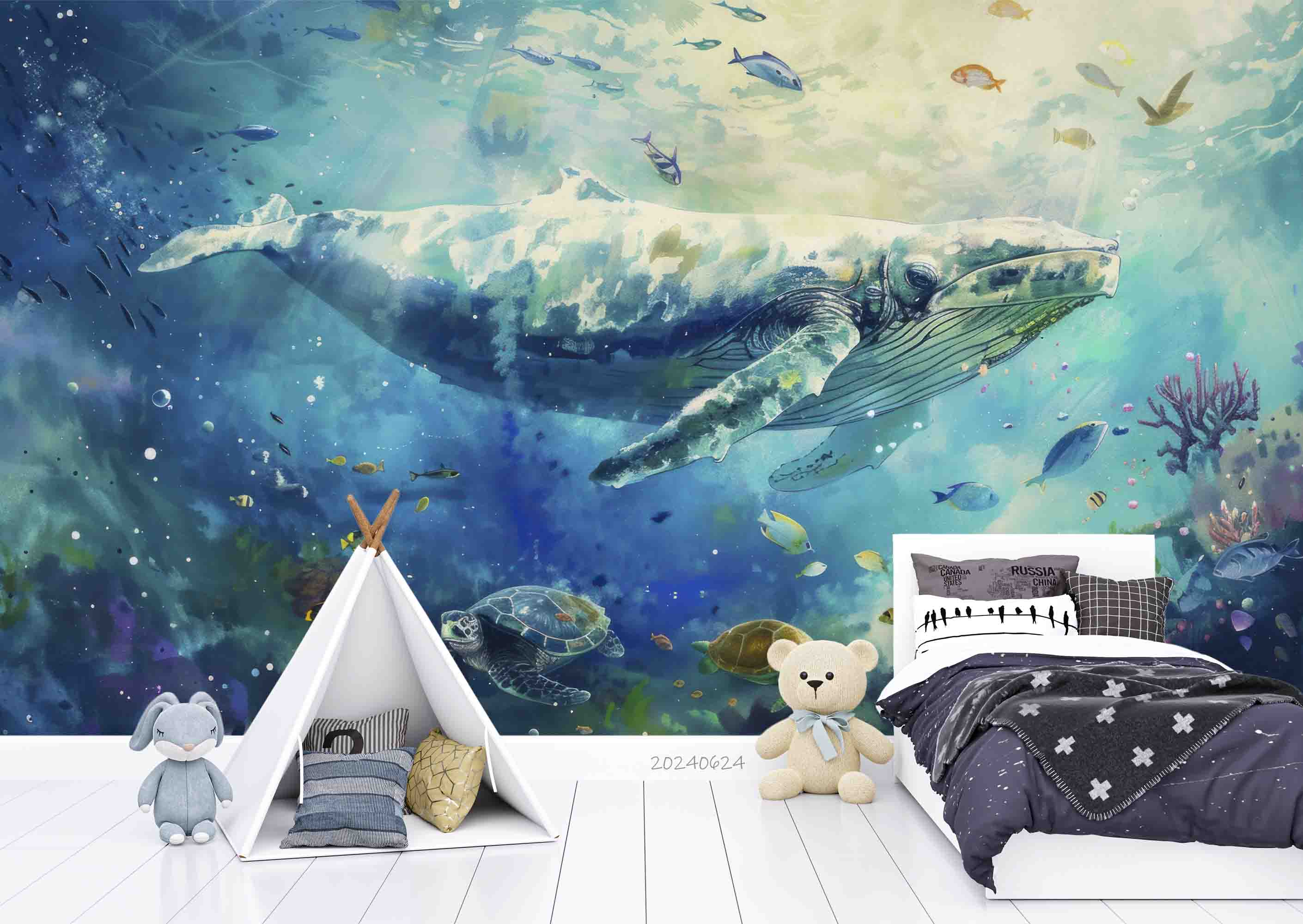 3D Sea Turtle Whale Fish Coral Ripple Wall Mural Wallpaper YXL 685
