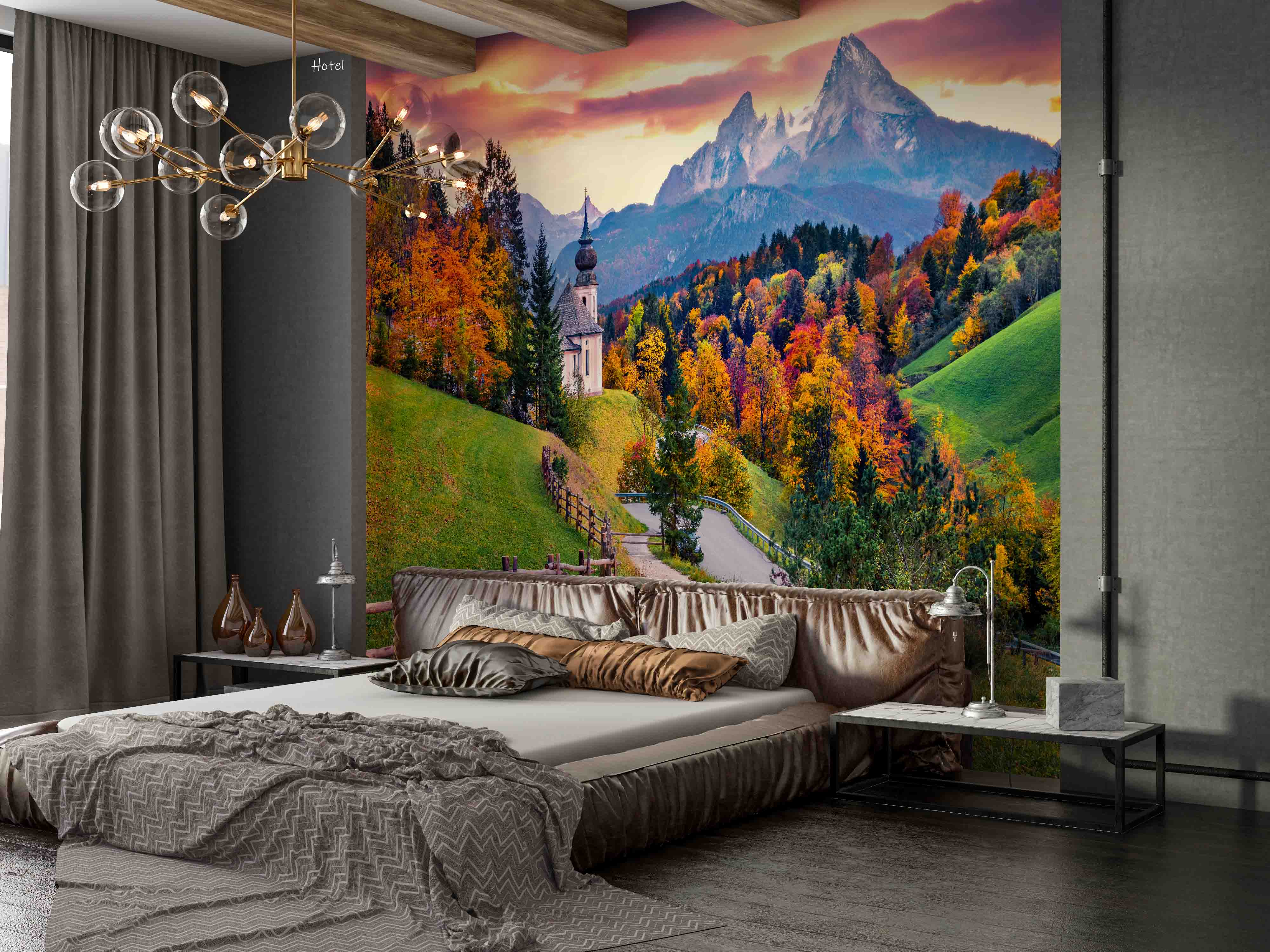 3D Hotel Inn Motel Hostel Resort Manor Scenery Mountains Wall Mural Wallpaper 24