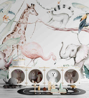 3D Animal Flamingo Giraffe Cat Elephant Rhinoceros Leaf Wall Mural Wallpaper YXL 2532