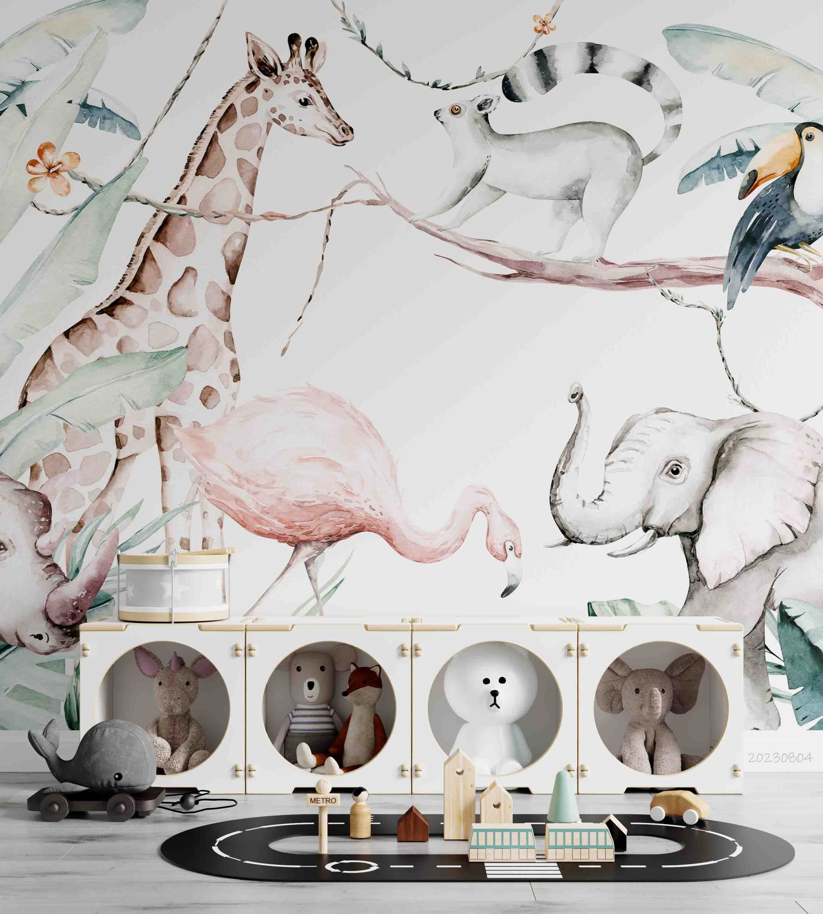 3D Animal Flamingo Giraffe Cat Elephant Rhinoceros Leaf Wall Mural Wallpaper YXL 2532