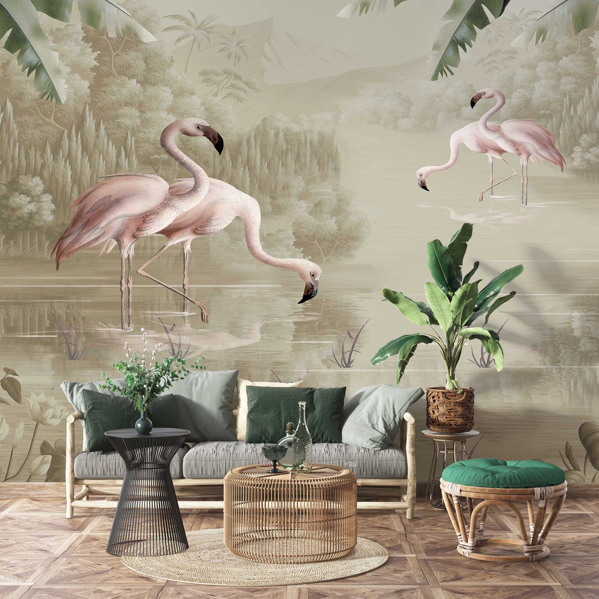3D Animal Flamingo River Reed Leaf Wall Mural Wallpaper YXL 5- Jess Art Decoration