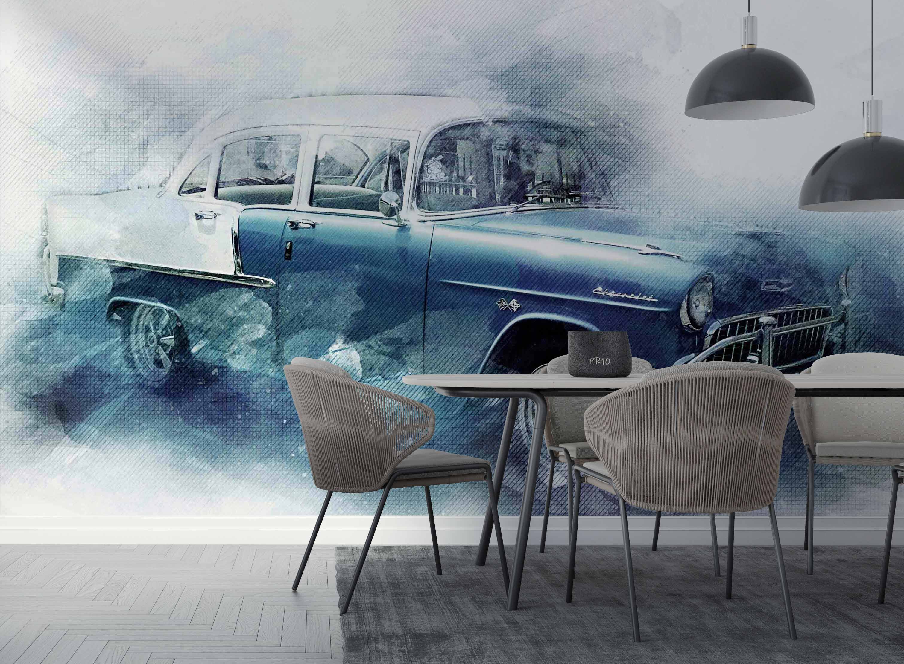 3D Vintage Blue Car Wall Mural Wallpaper GD 4806- Jess Art Decoration