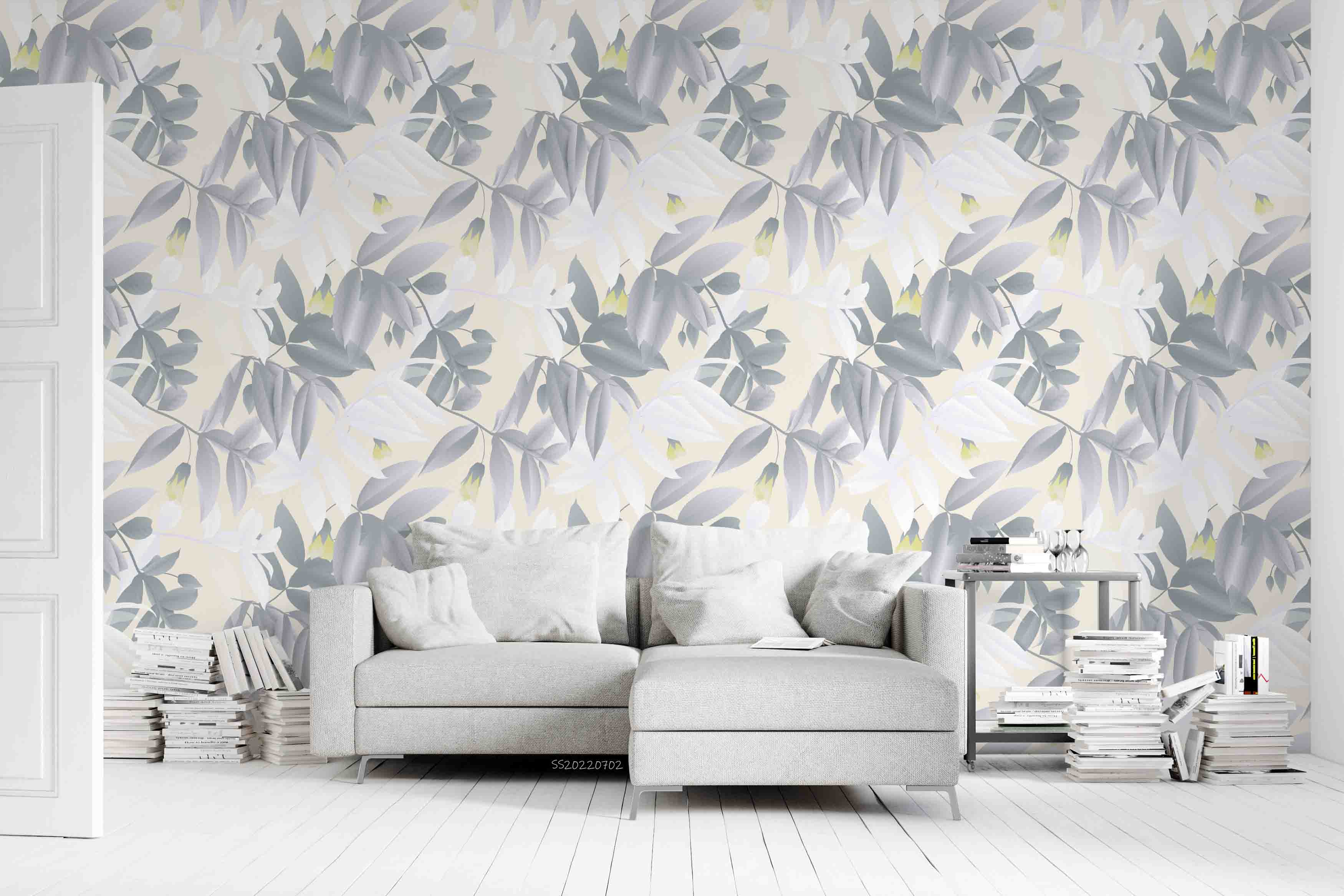 3D Green White Leaves Yellow Floral Light Yellow Background Wall Mural Wallpaper GD 5141- Jess Art Decoration