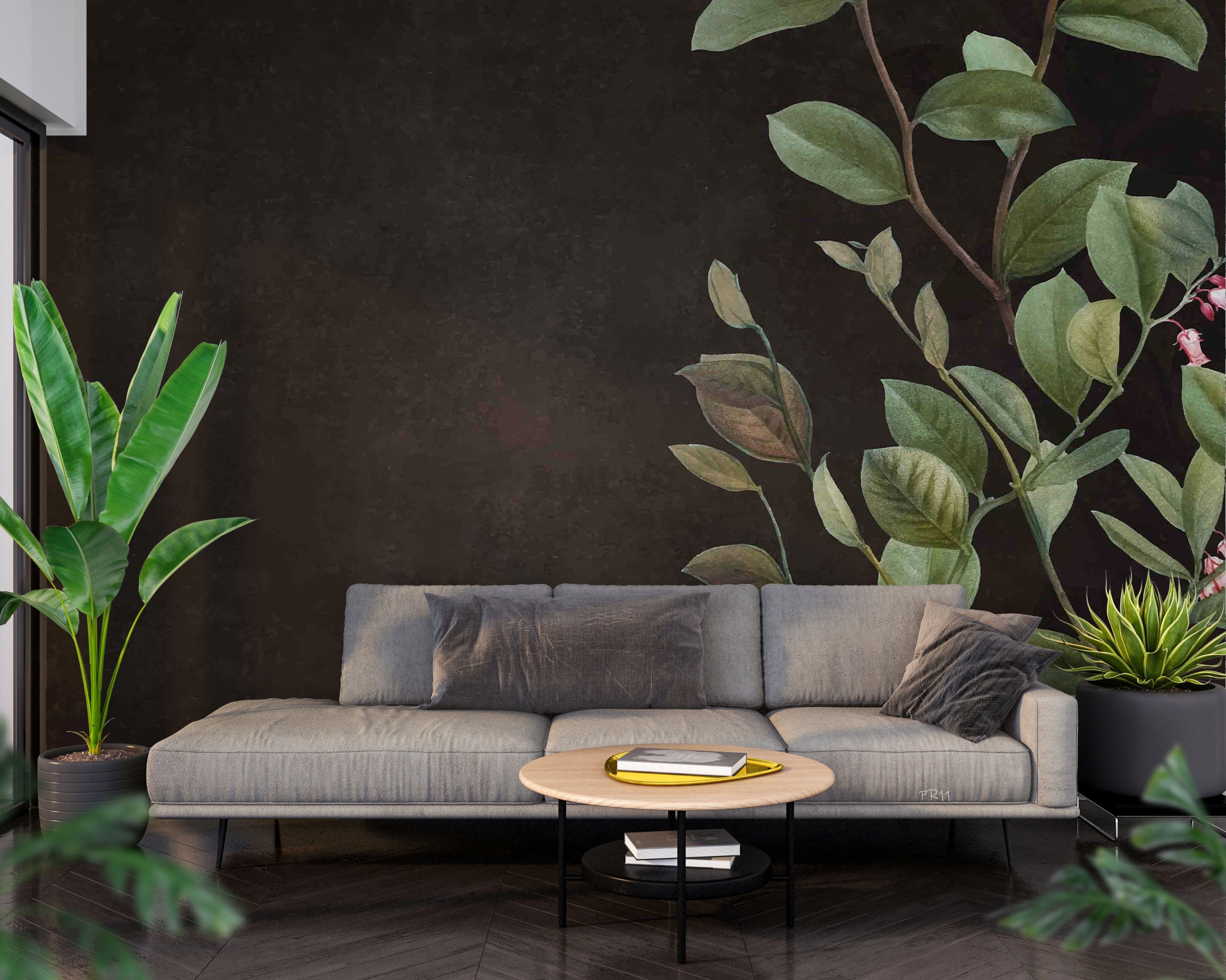 3D Green Leaves Black Background Wall Mural Wallpaper GD 4868- Jess Art Decoration