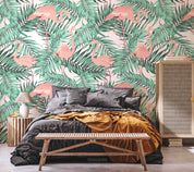 3D Green Tropical Jungle Palm Leaves Pink Exotic Flamingo Wall Mural Wallpaper GD 5157- Jess Art Decoration