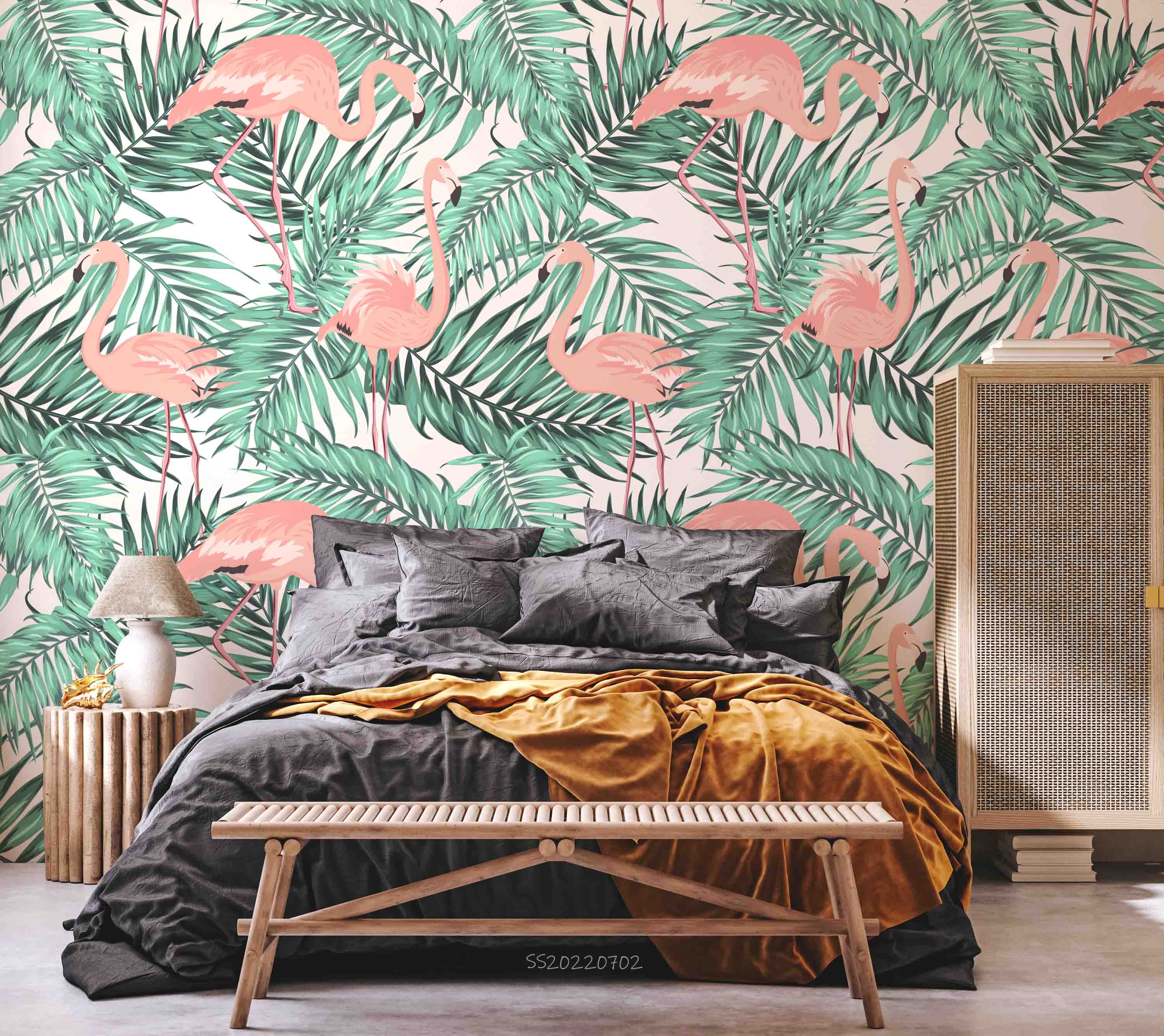 3D Green Tropical Jungle Palm Leaves Pink Exotic Flamingo Wall Mural Wallpaper GD 5157- Jess Art Decoration