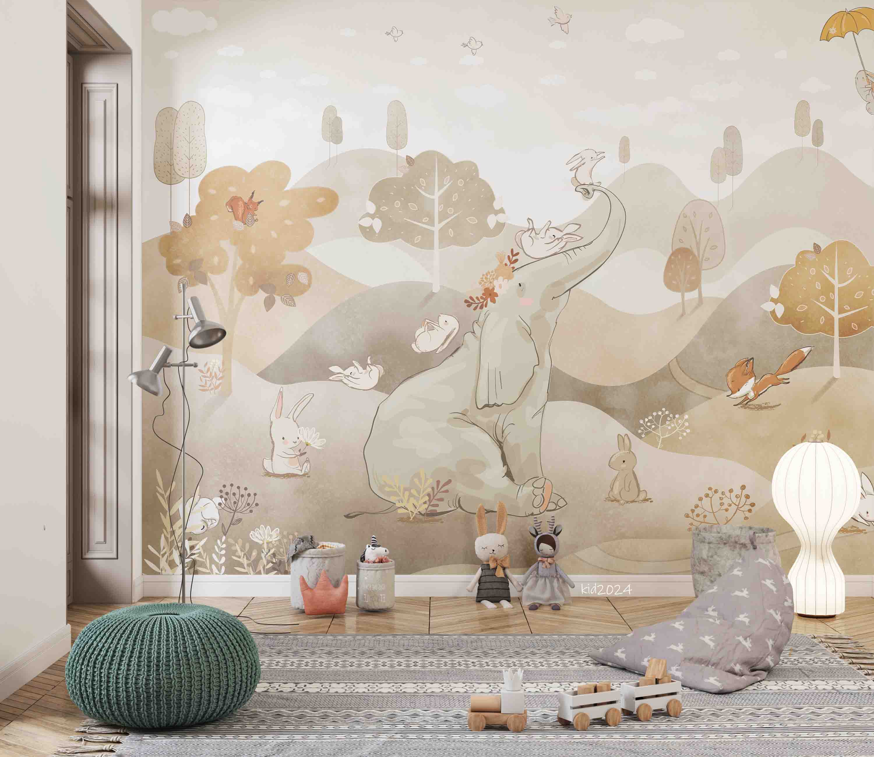 3D Tree Elephant Rabbit Fox Mountain Cloud Wall Mural Wallpaper YXL 380