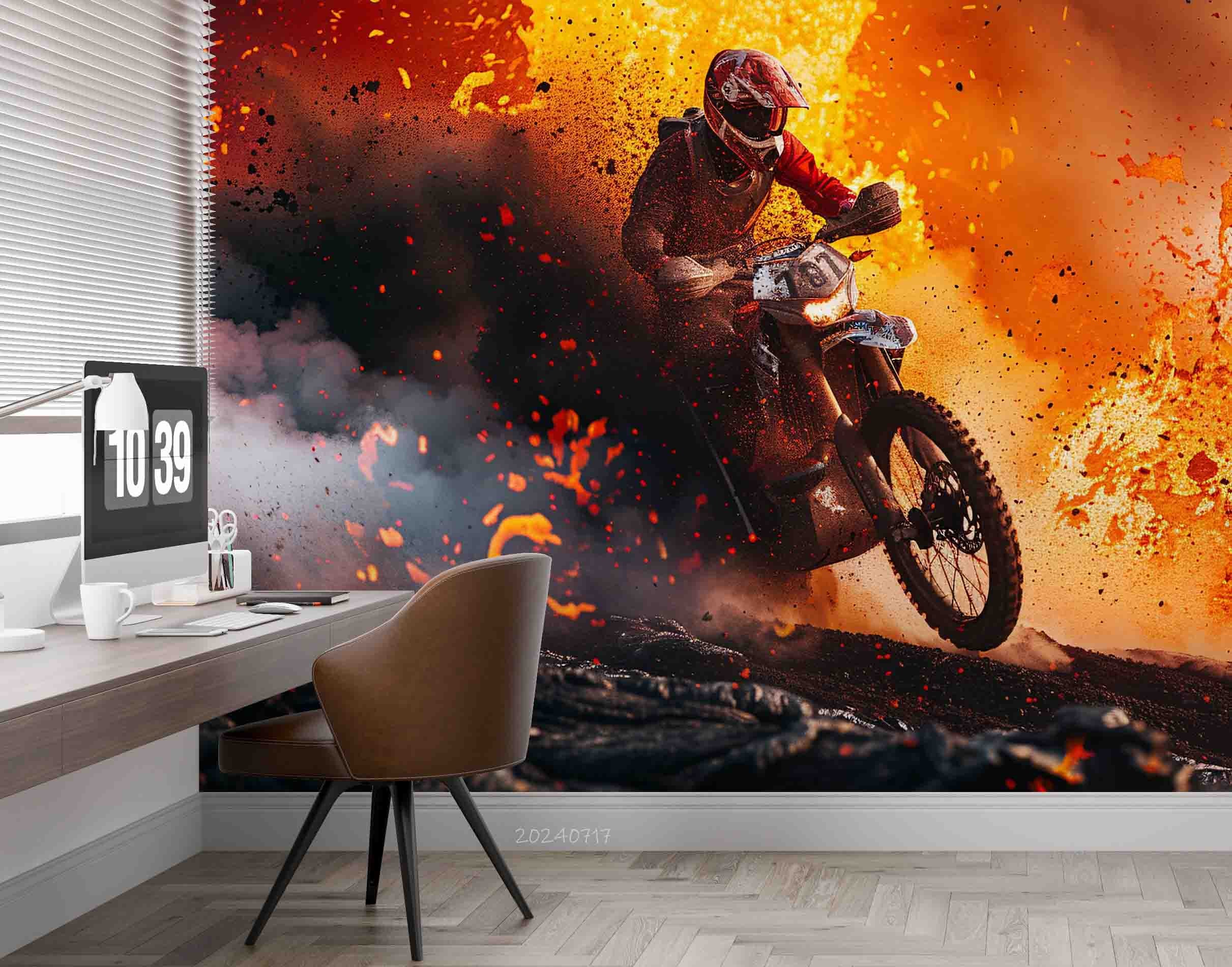 3D Volcano Person Motorbike Fog Wall Mural Wallpaper YXL 78