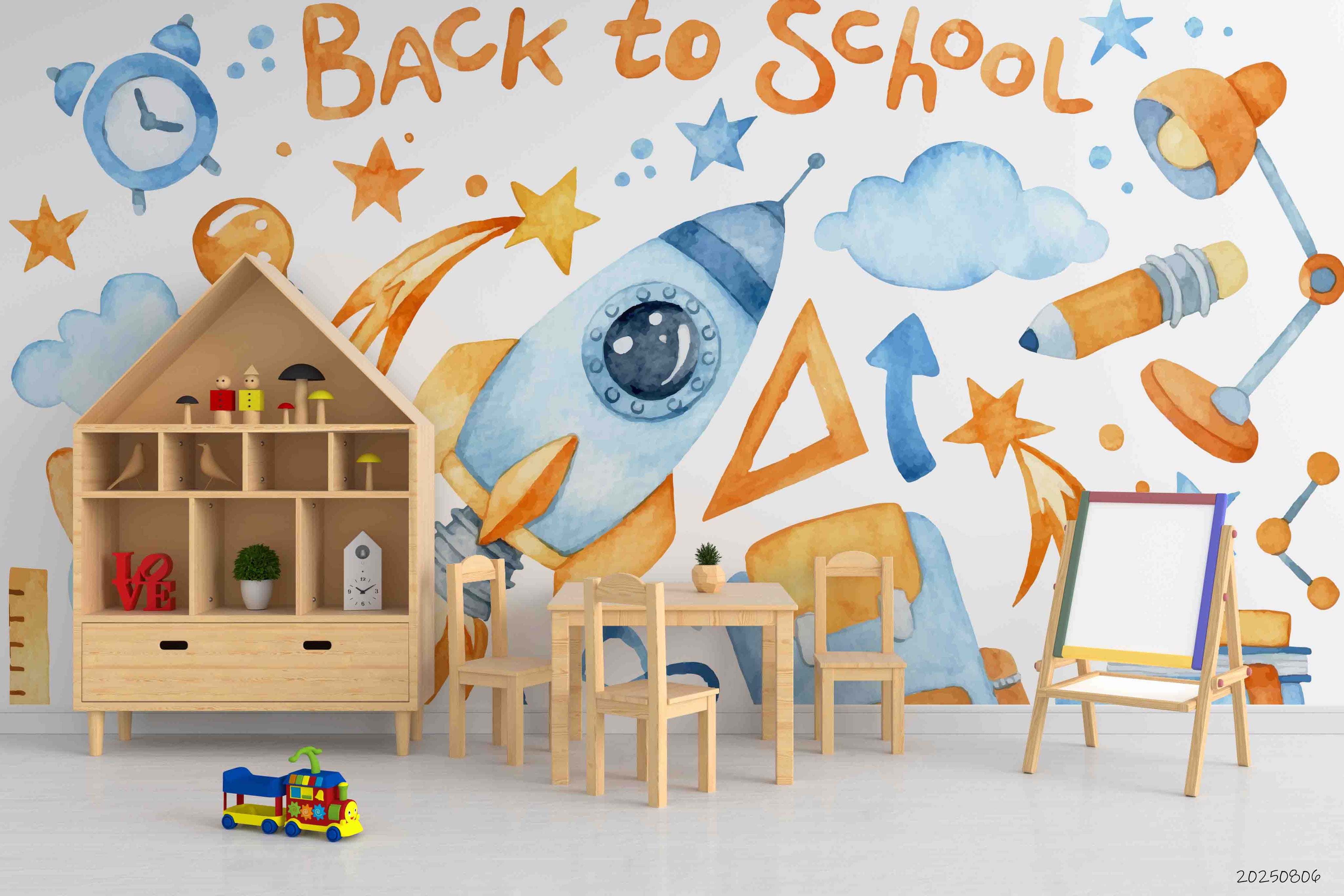 3D Childcare Nursery School Cartoon Kids Rocket Planet UniverseWall Mural Wallpaper JN