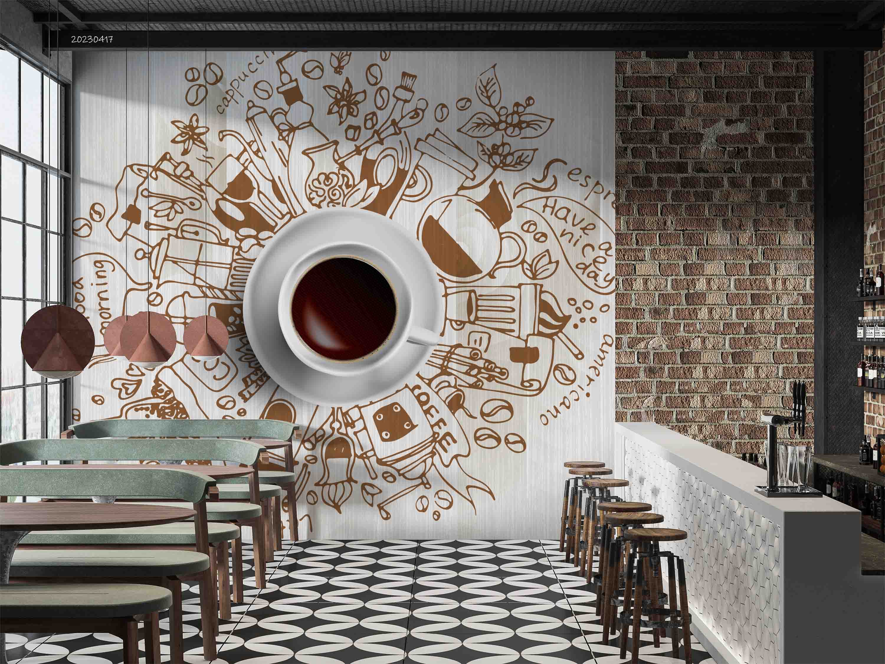 3D Doodle Morning Coffee Wooden Background Wall Mural Wallpaper GD 5560- Jess Art Decoration