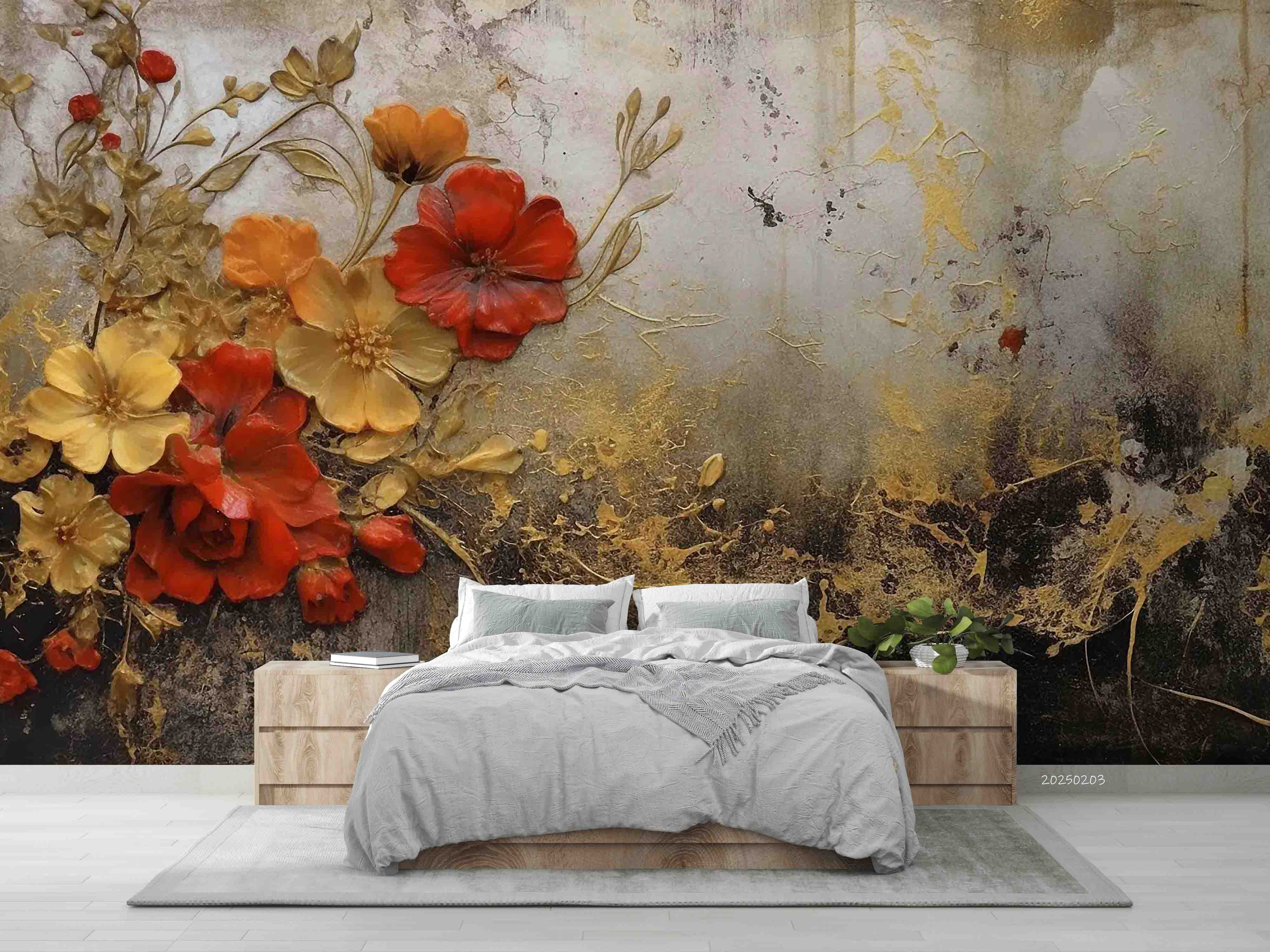 3D Red Gold Floral Oil Painting Wallpaper Wall Mural Wall Decor Wall Art Wall Sticker Remoable Wallpaper LQH