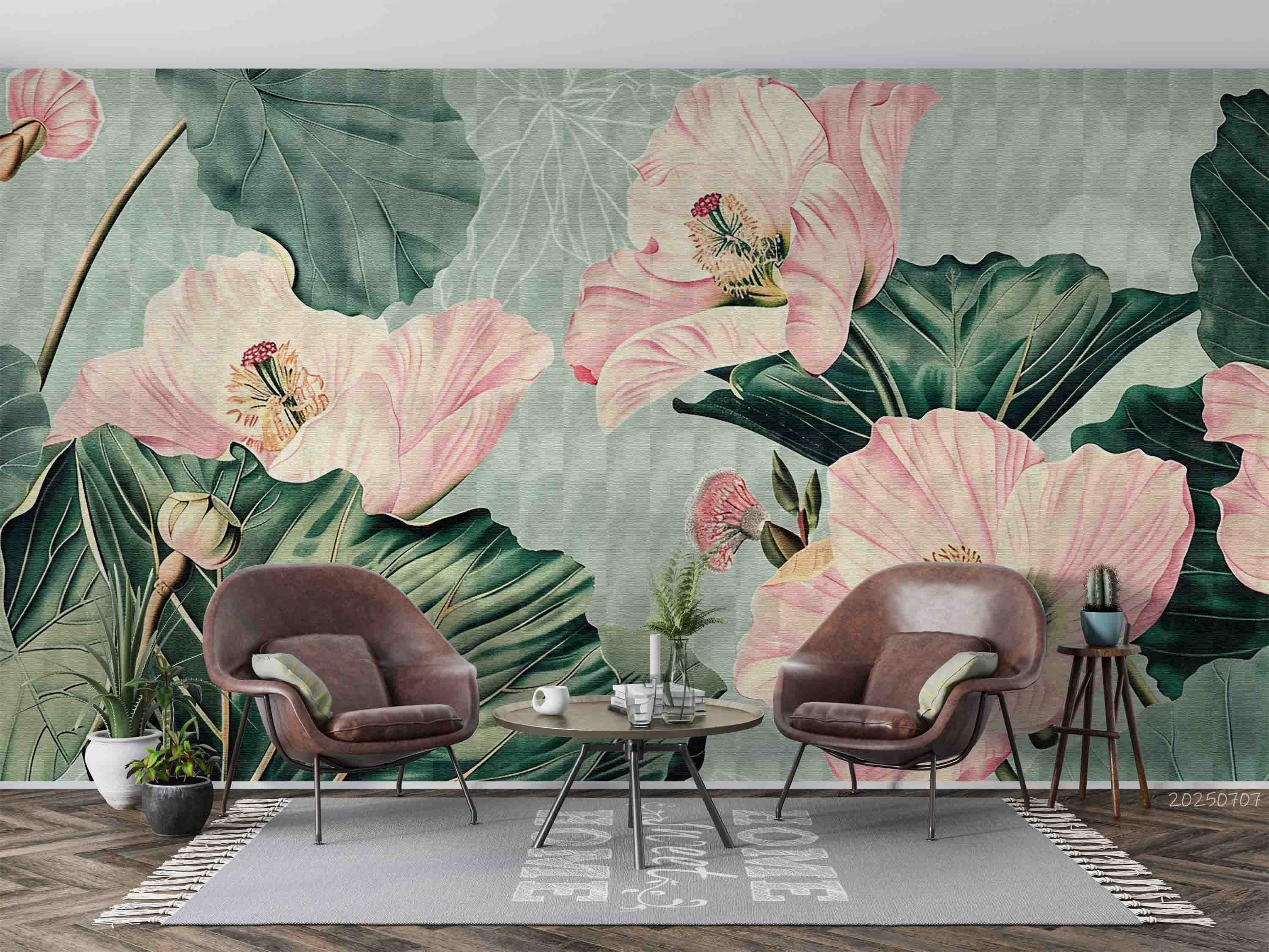 3D Hand Drawn Pink Floral Green Leaves Wallpaper Wall Mural Wall Decor Wall Art Wall Sticker Remoable Wallpaper 24