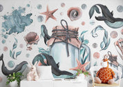 3D Animal Whale Sea Drift Bottle Starfish Coral Wall Mural Wallpaper YXL 13
