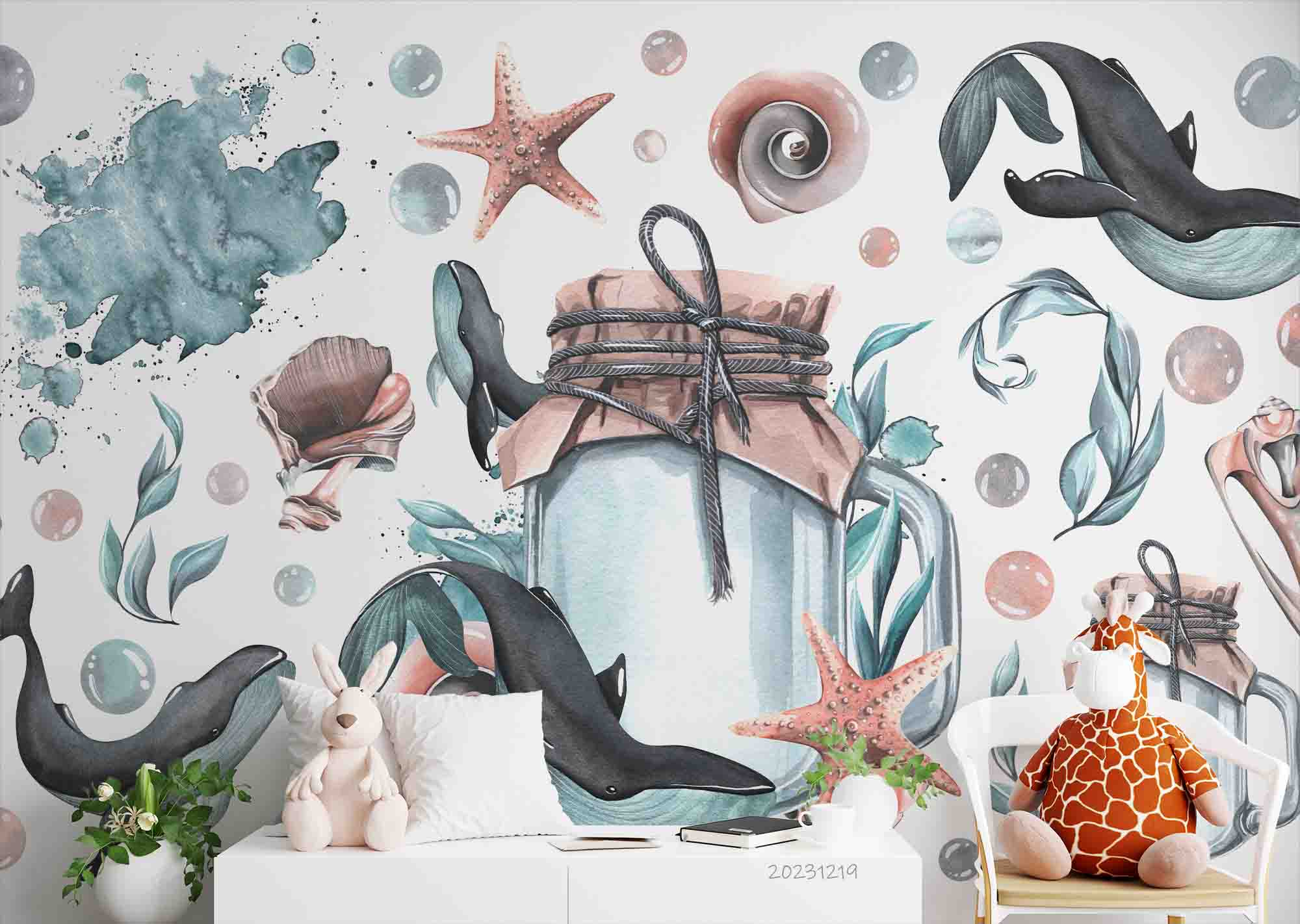 3D Animal Whale Sea Drift Bottle Starfish Coral Wall Mural Wallpaper YXL 13