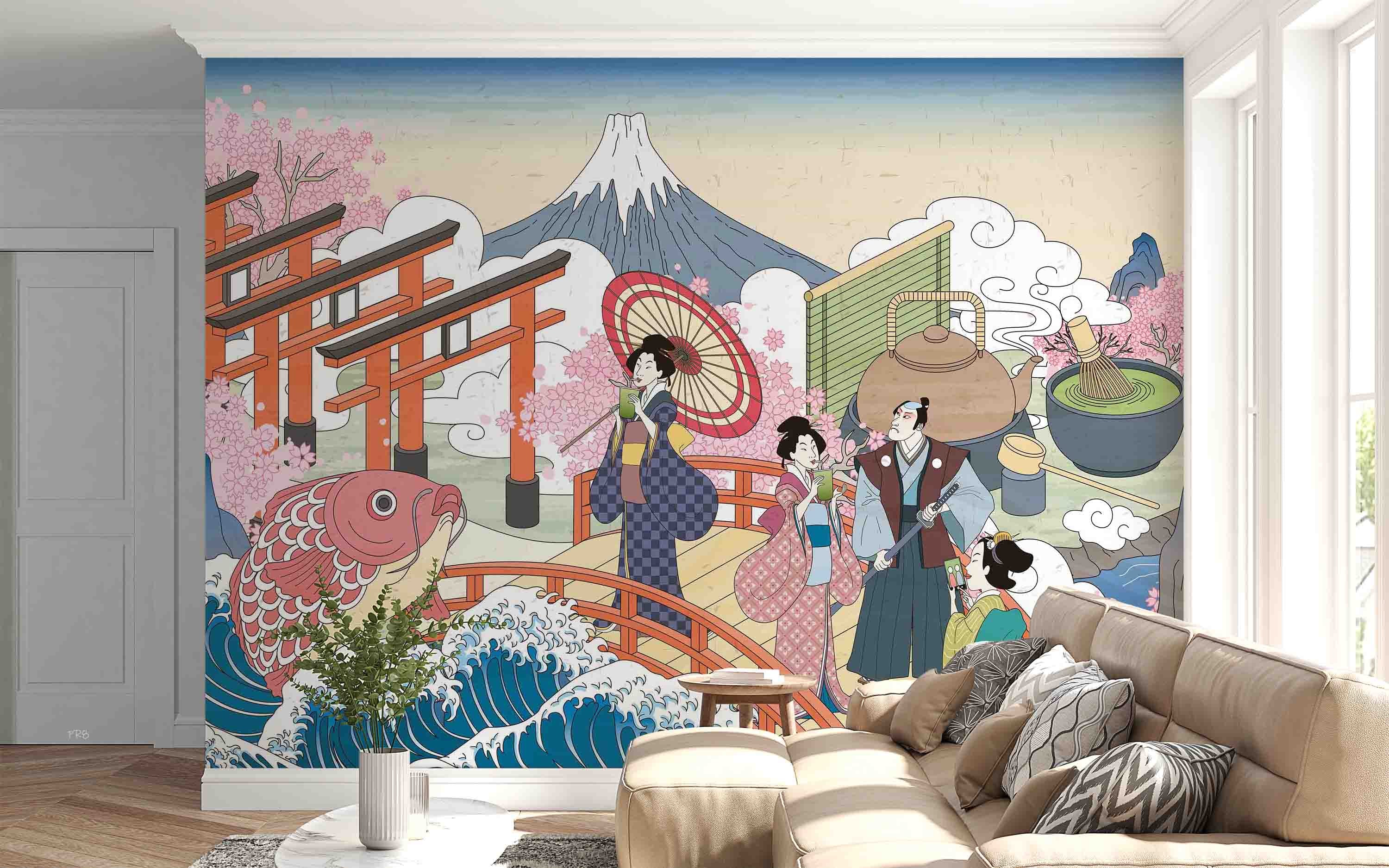 3D Vintage Japanese Landscape People Bridge Green Tea Wall Mural Wallpaper GD 4606- Jess Art Decoration