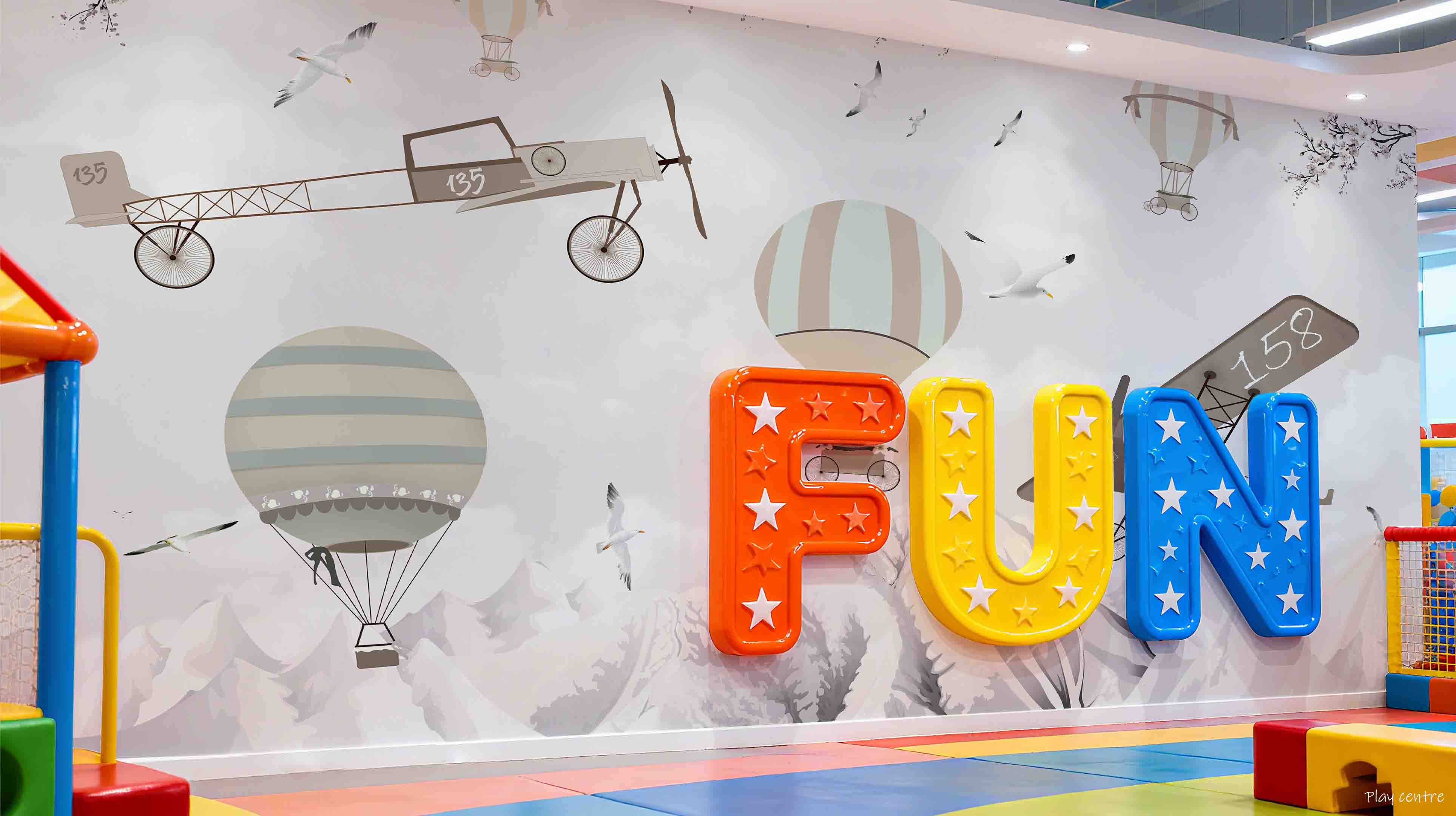 3D Play Centre Amusement Park Funfair Cartoon Mountain Air Balloon Wall Mural Wallpaper 23