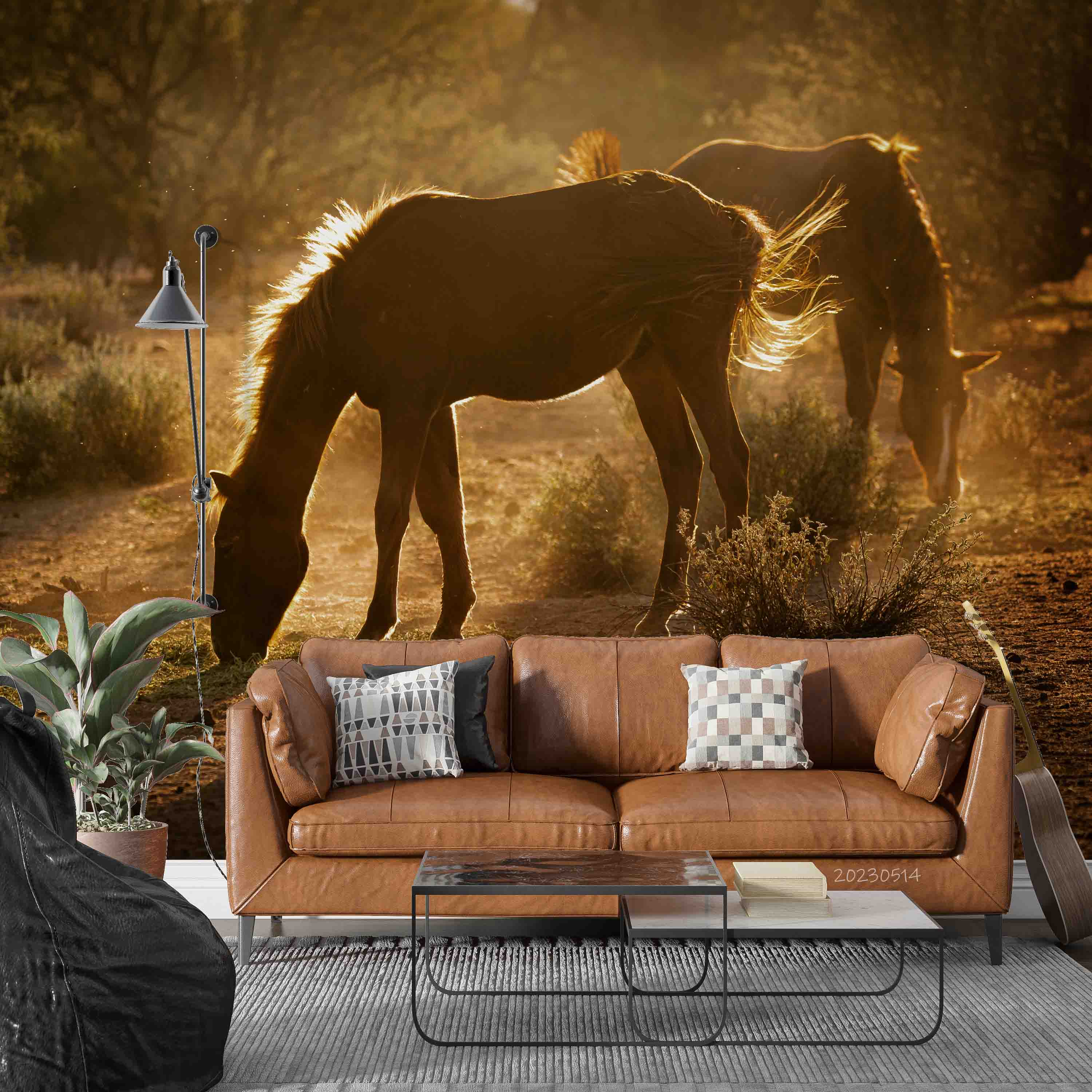 3D Morning Sun Meadow Mustang Arizona Wall Mural Wallpaper GD 5374- Jess Art Decoration