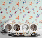 3D Animal Conch Starfish Sea Snail Blue Wall Mural Wallpaper YXL 44