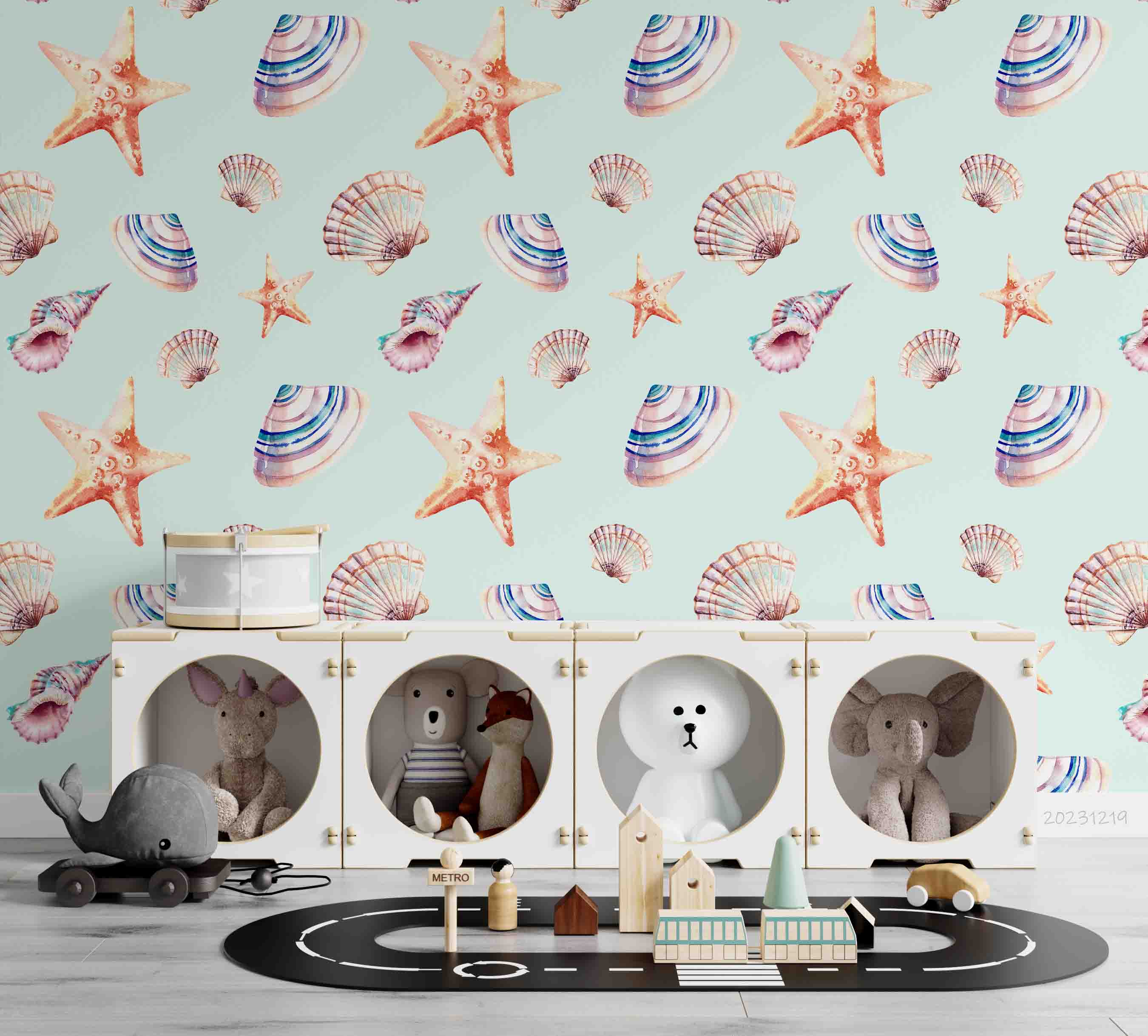 3D Animal Conch Starfish Sea Snail Blue Wall Mural Wallpaper YXL 44