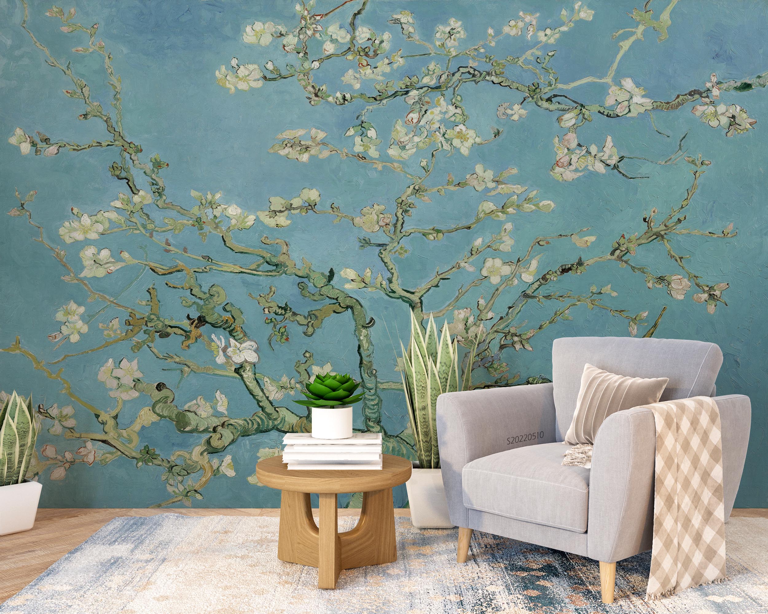 3D Chinese Spring Branch Peach Blossom Blue Background Wall Mural Wallpaper GD 4047- Jess Art Decoration