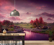 3D Sunset Green Field Pond Grass Rocks Conifer Purple Sky Wall Mural Wallpaper GD 3031- Jess Art Decoration