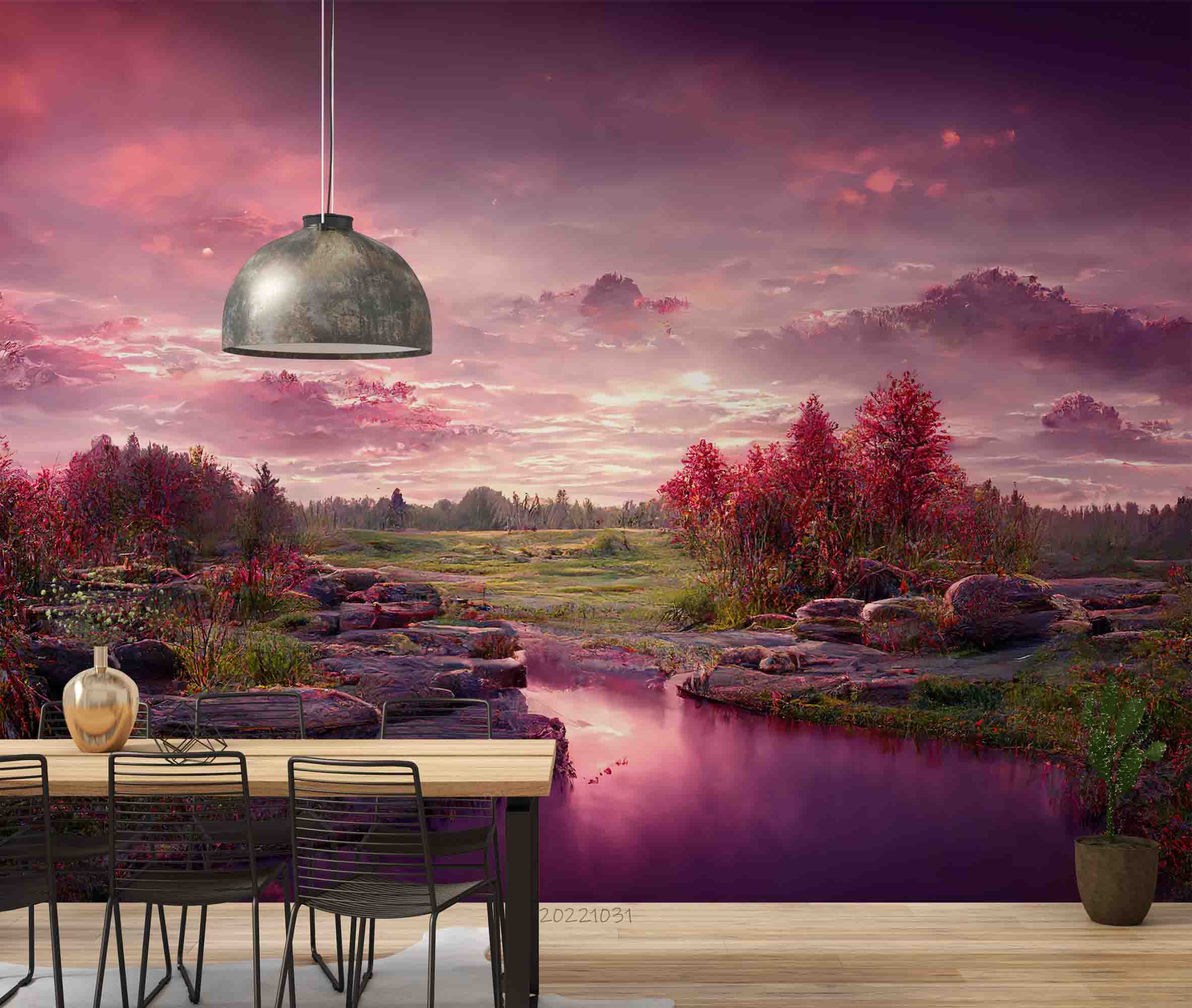 3D Sunset Green Field Pond Grass Rocks Conifer Purple Sky Wall Mural Wallpaper GD 3031- Jess Art Decoration