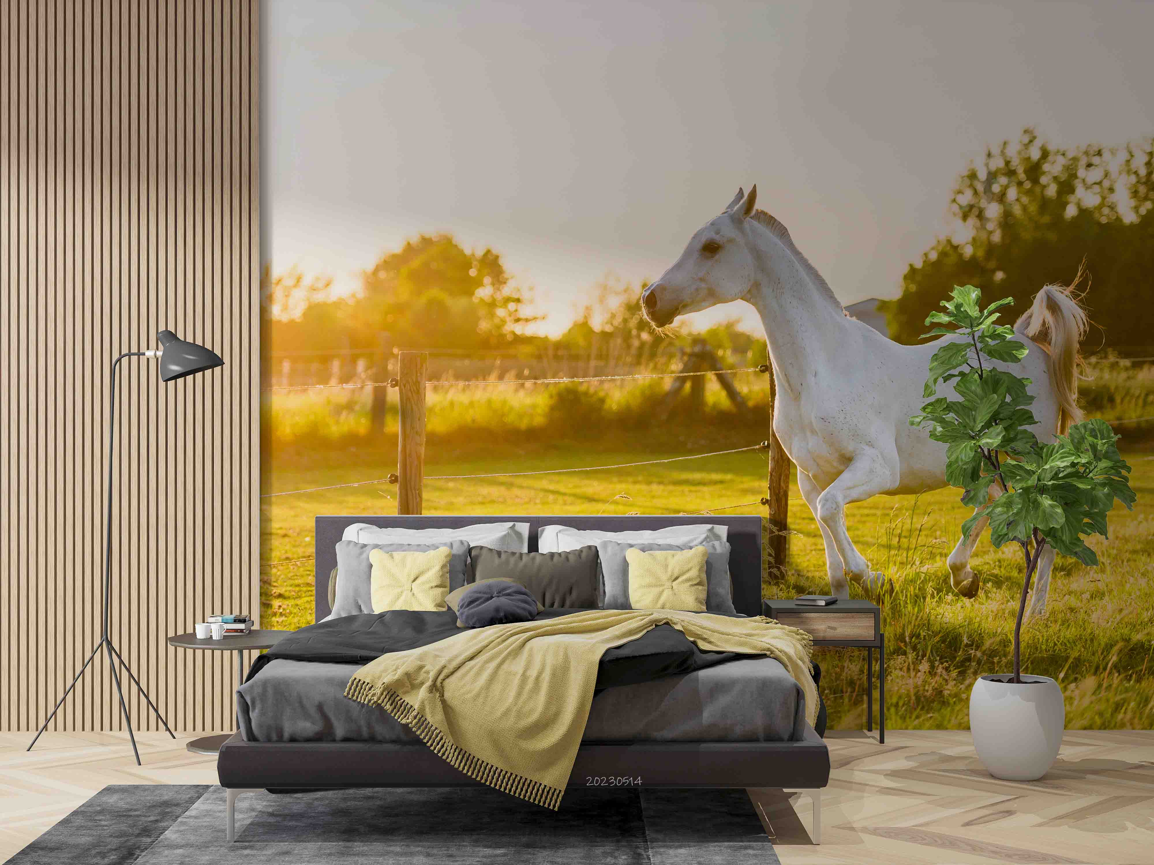 3D White Horse Meadow Sunset Wall Mural Wallpaper GD 5299- Jess Art Decoration
