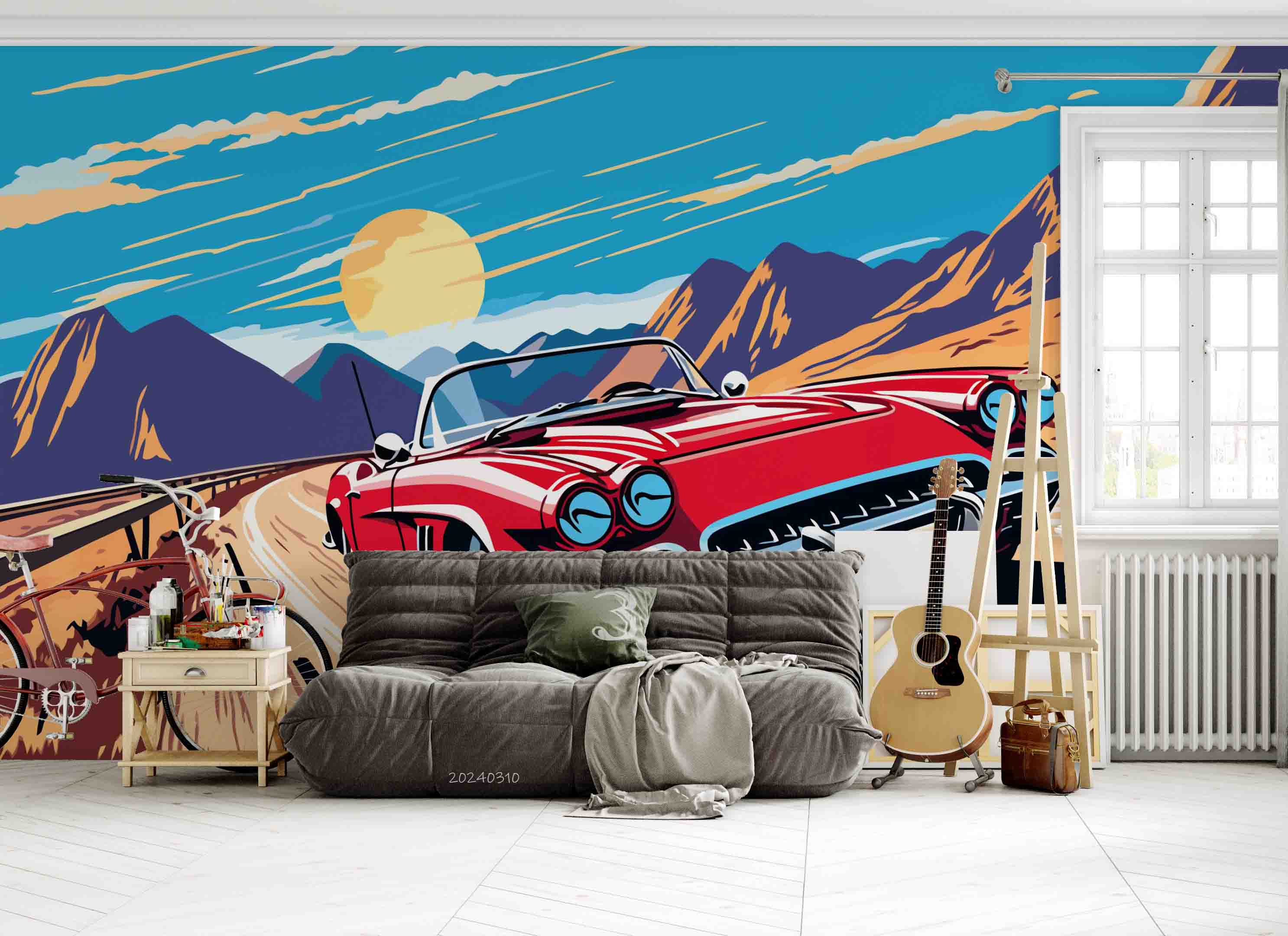 3D Cartoon Sky Mountains Red Sports Car Wallpaper Wall Mural Wall Decor Wall Art Wall Sticker Remoable Wallpaper