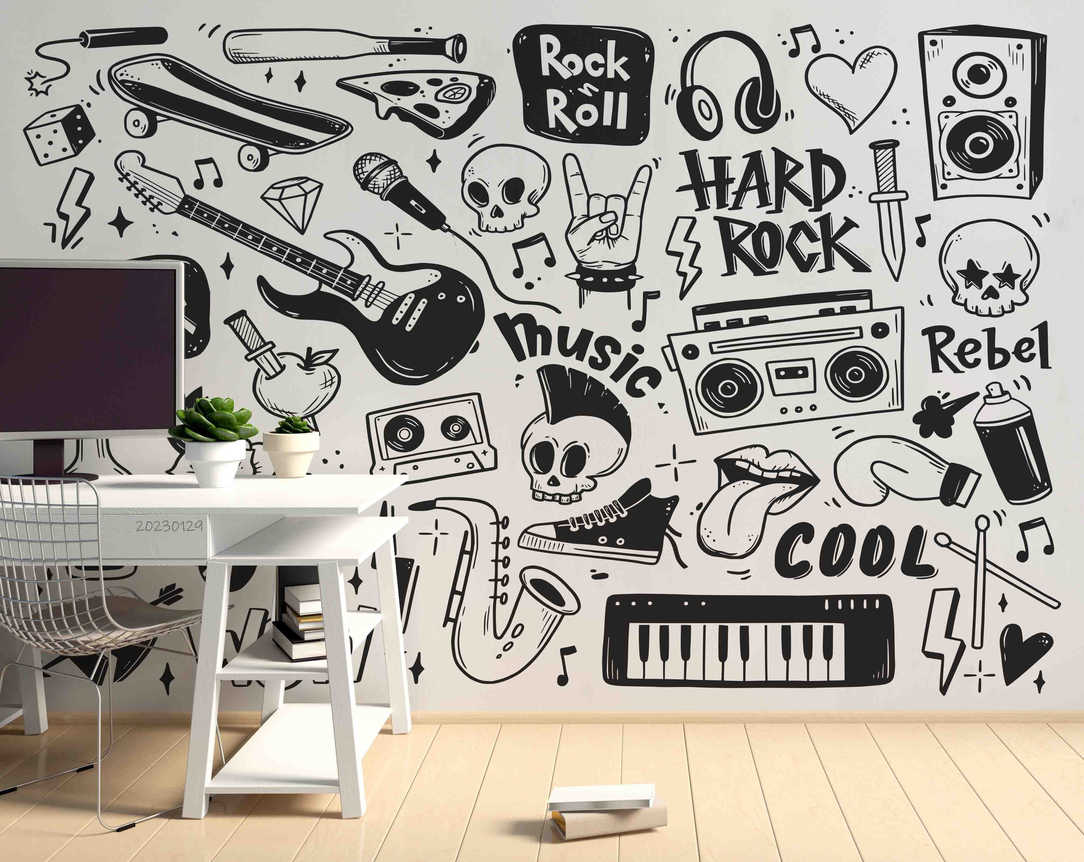 3D Graffiti Tape Skull Guitar Organ Floral Loudspeaker Box Black Wall Mural Wallpaper YXL 09- Jess Art Decoration
