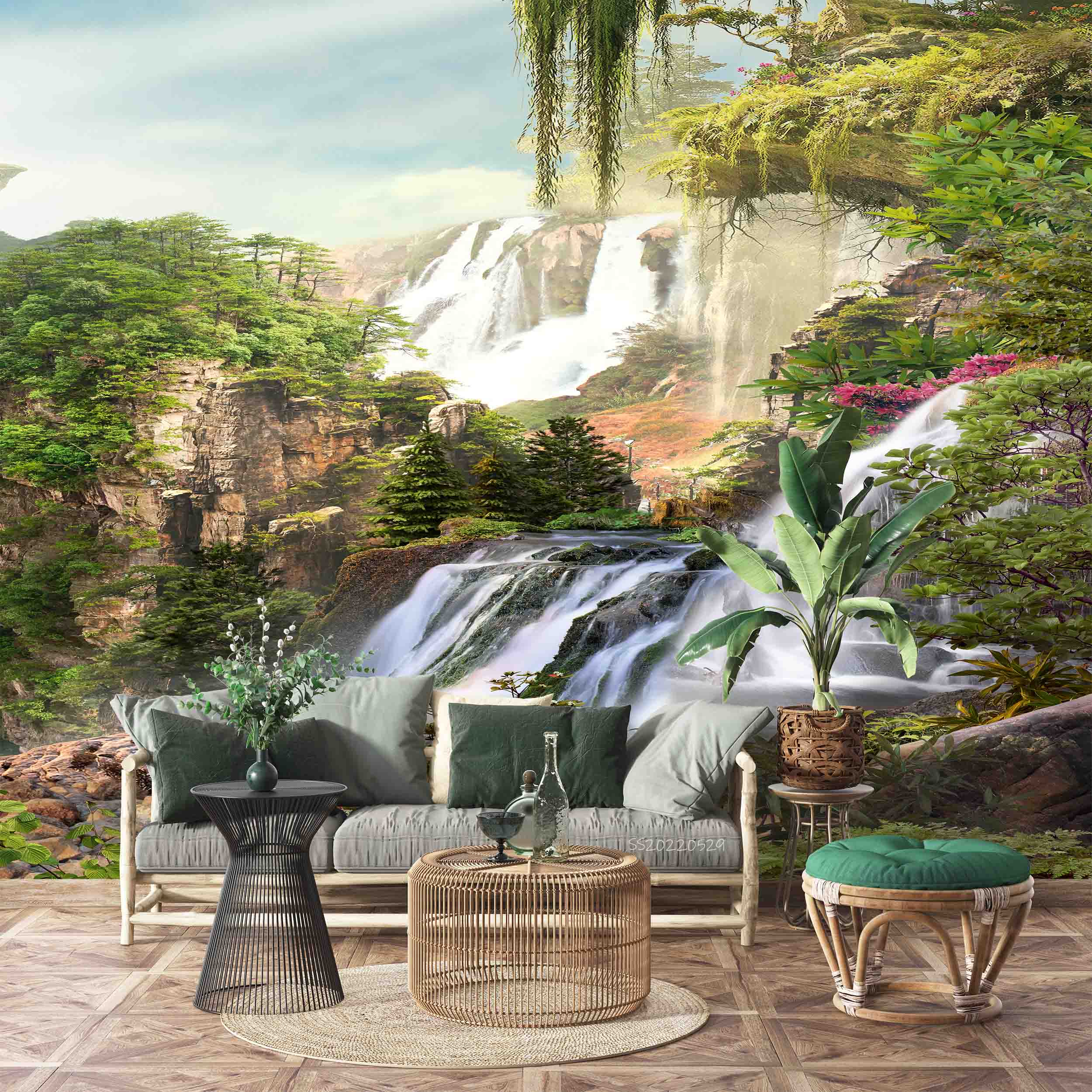 3D Mountain Waterfall Green Forest Trees Floral Landscape Wall Mural Wallpaper GD 4301- Jess Art Decoration