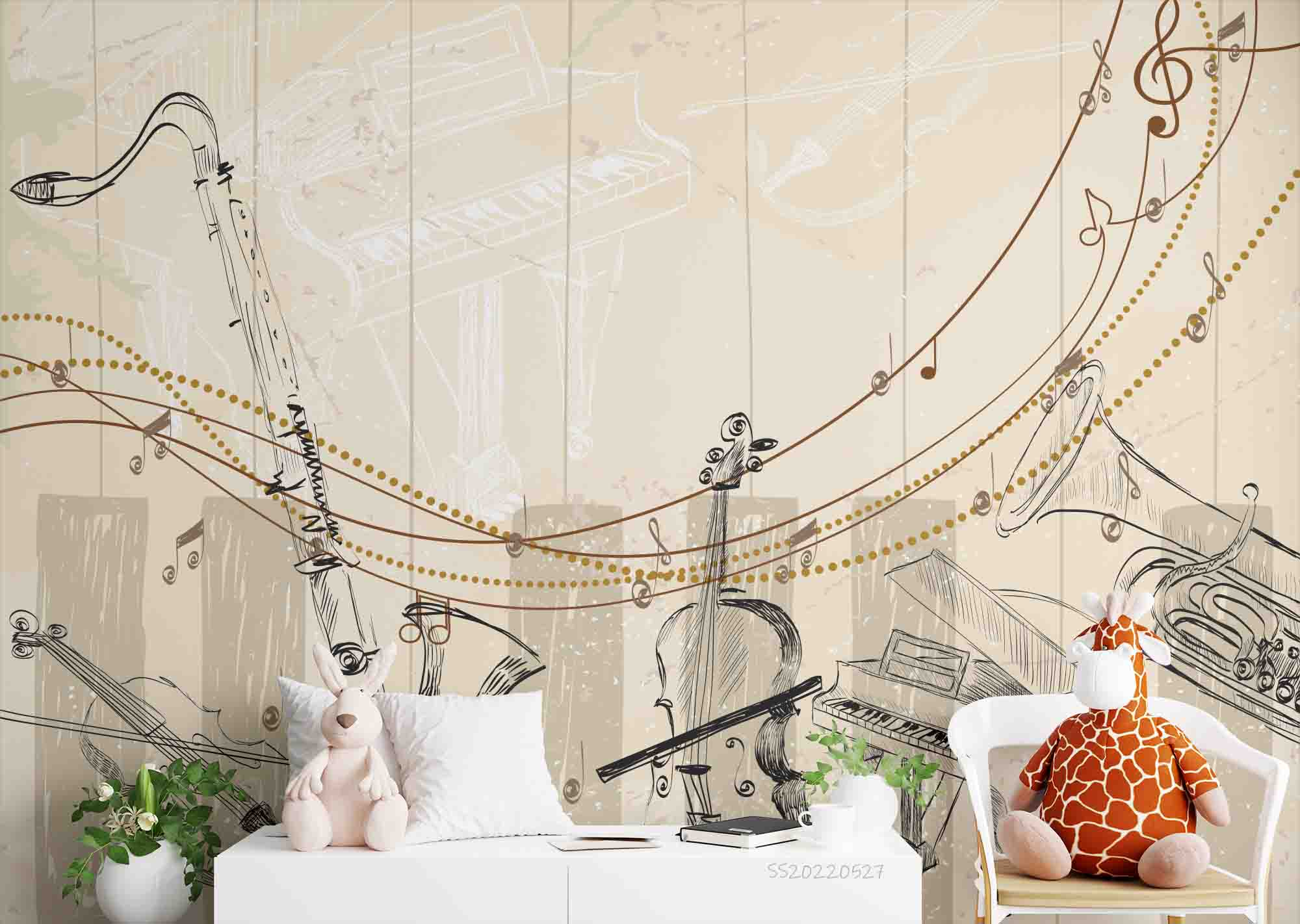 3D Sketch Musical Instruments Background Wall Mural Wallpaper GD 4247- Jess Art Decoration