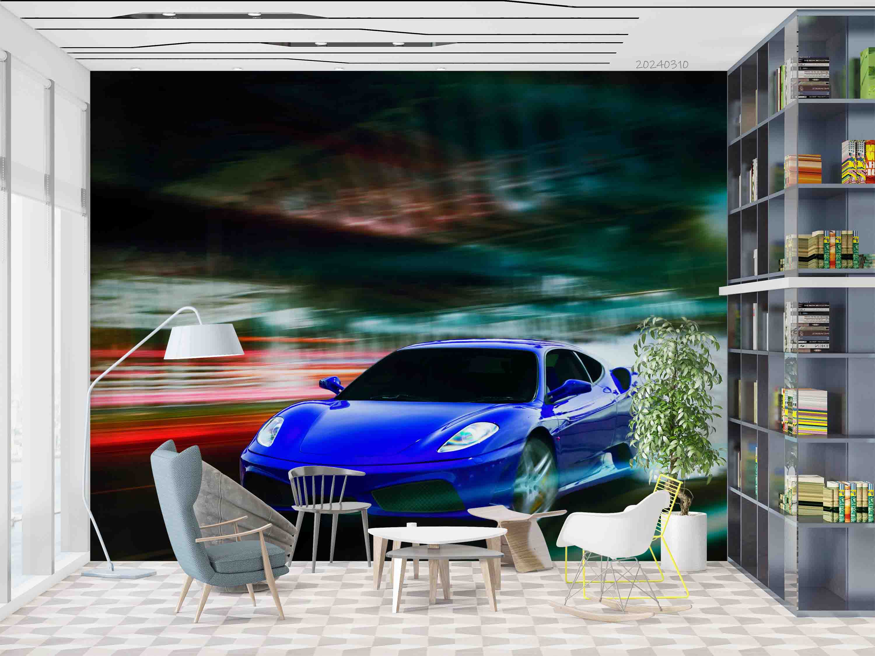 3D Blue Sports Car Wallpaper Wall Mural Wall Decor Wall Art Wall Sticker Remoable Wallpaper