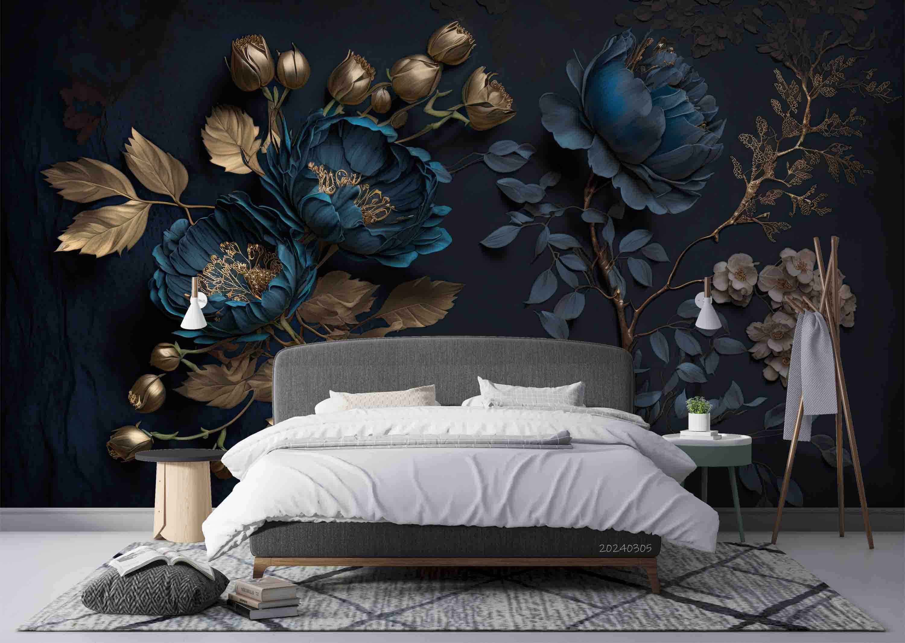 3D Blue Floral Gold Leaves Dark Background Wallpaper Wall Mural Wall Decor Wall Art Wall Sticker Remoable Wallpaper