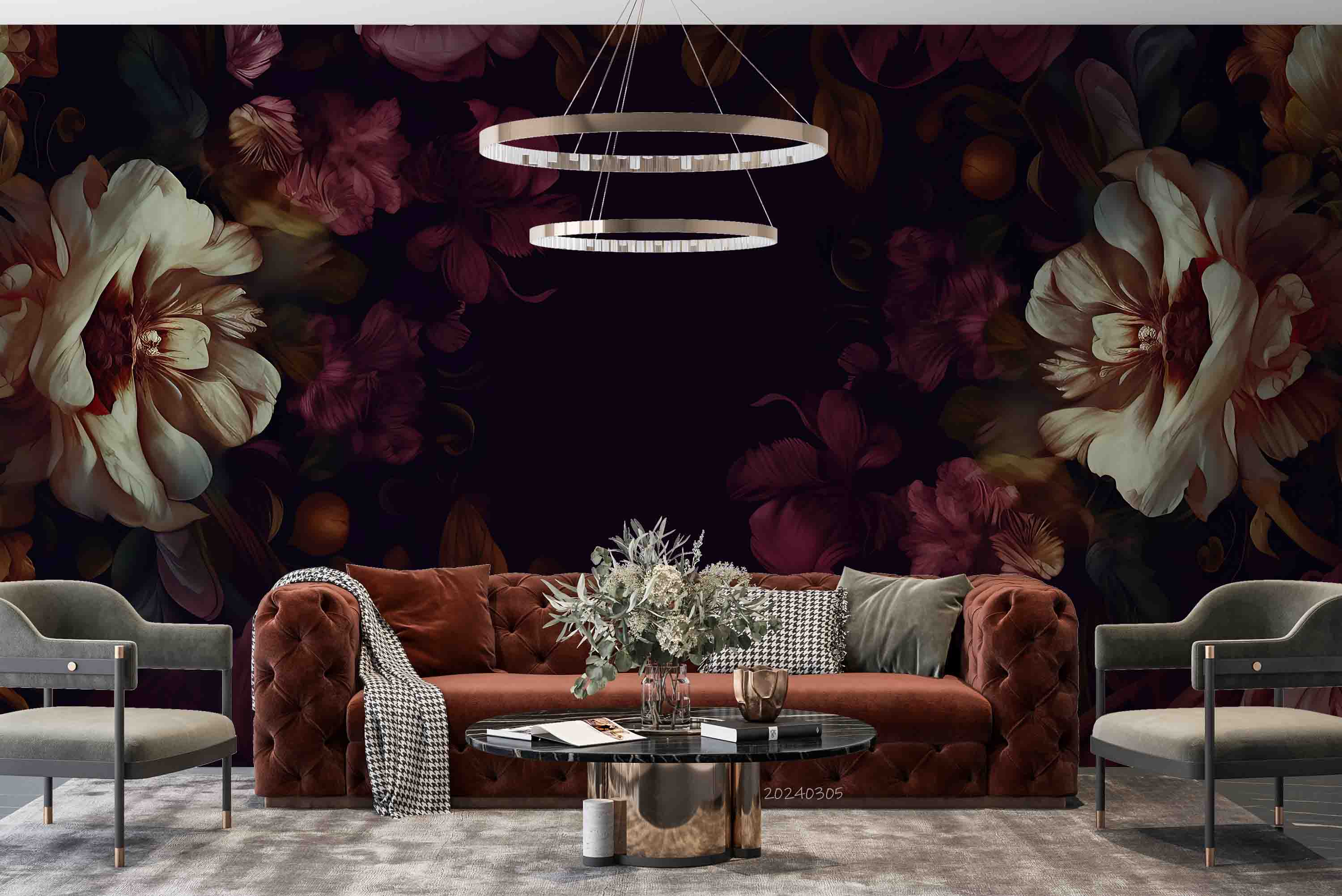 3D Black Floral Leaves Bouquet Dark Background Wallpaper Wall Mural Wall Decor Wall Art Wall Sticker Remoable Wallpaper