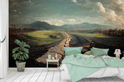 3D Dilapidated Road Holes and Cracks Green Fields Mountains Horizon Wall Mural Wallpaper GD 3053- Jess Art Decoration