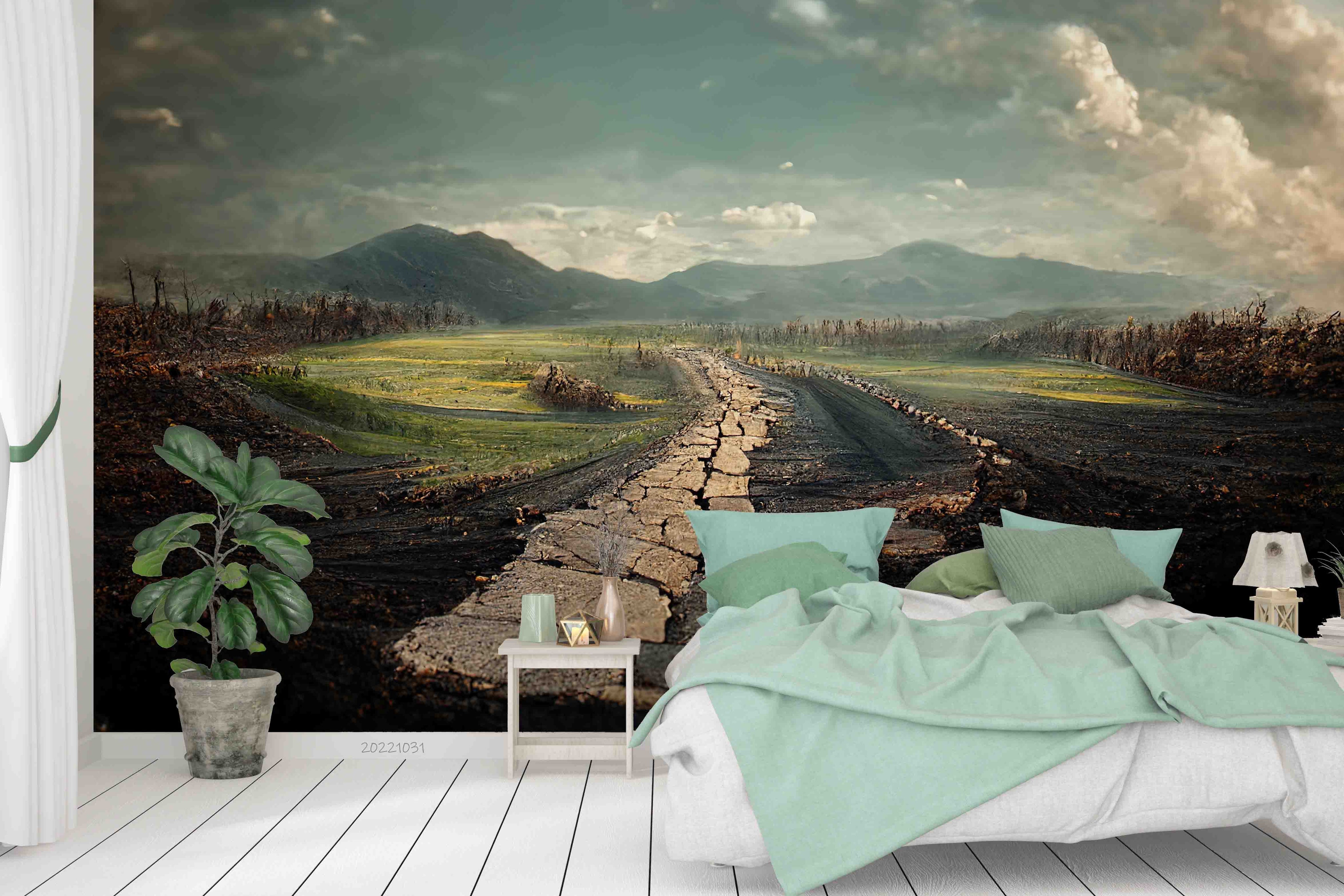 3D Dilapidated Road Holes and Cracks Green Fields Mountains Horizon Wall Mural Wallpaper GD 3053- Jess Art Decoration