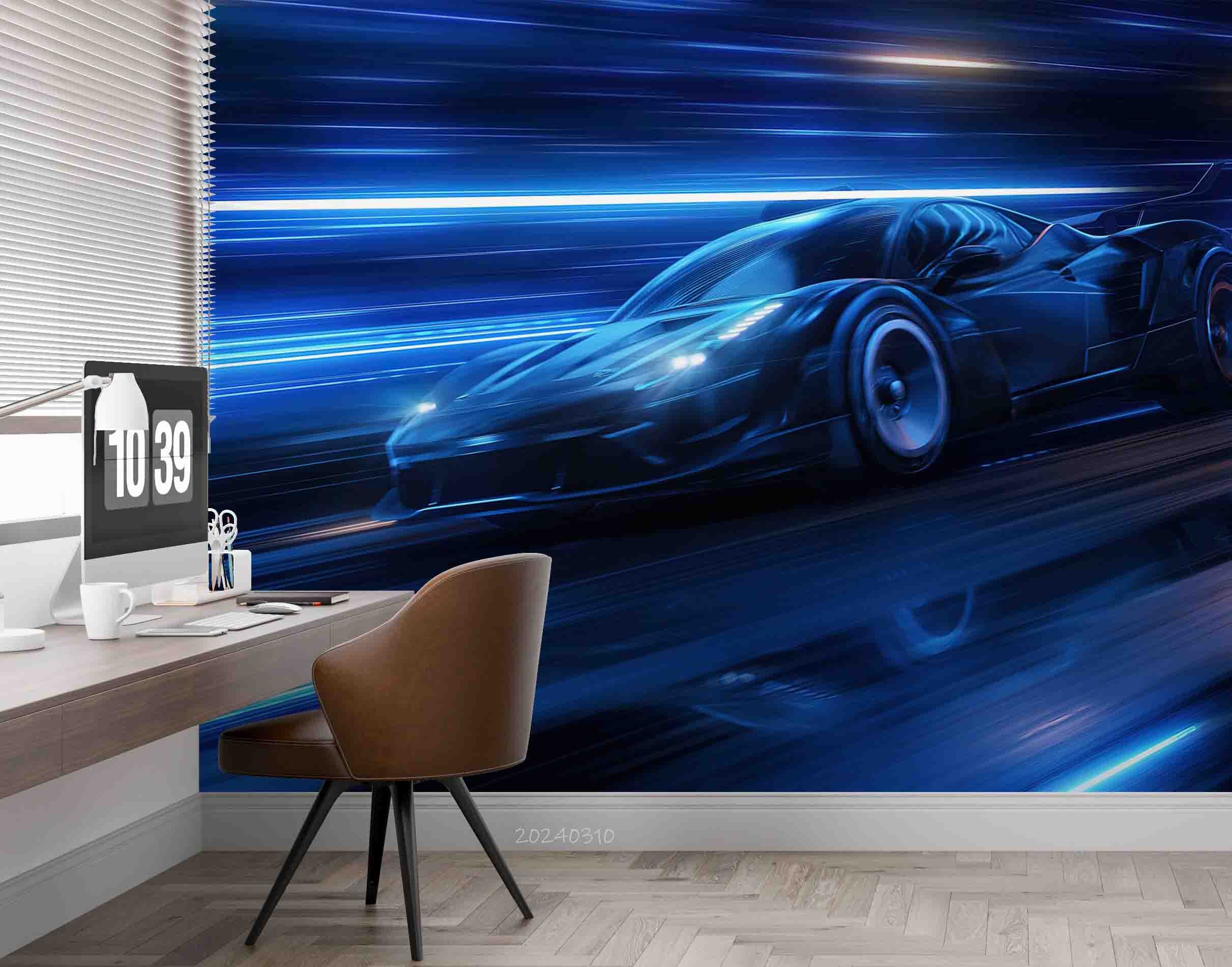 3D Blue Sports Car Wallpaper Wall Mural Wall Decor Wall Art Wall Sticker Remoable Wallpaper