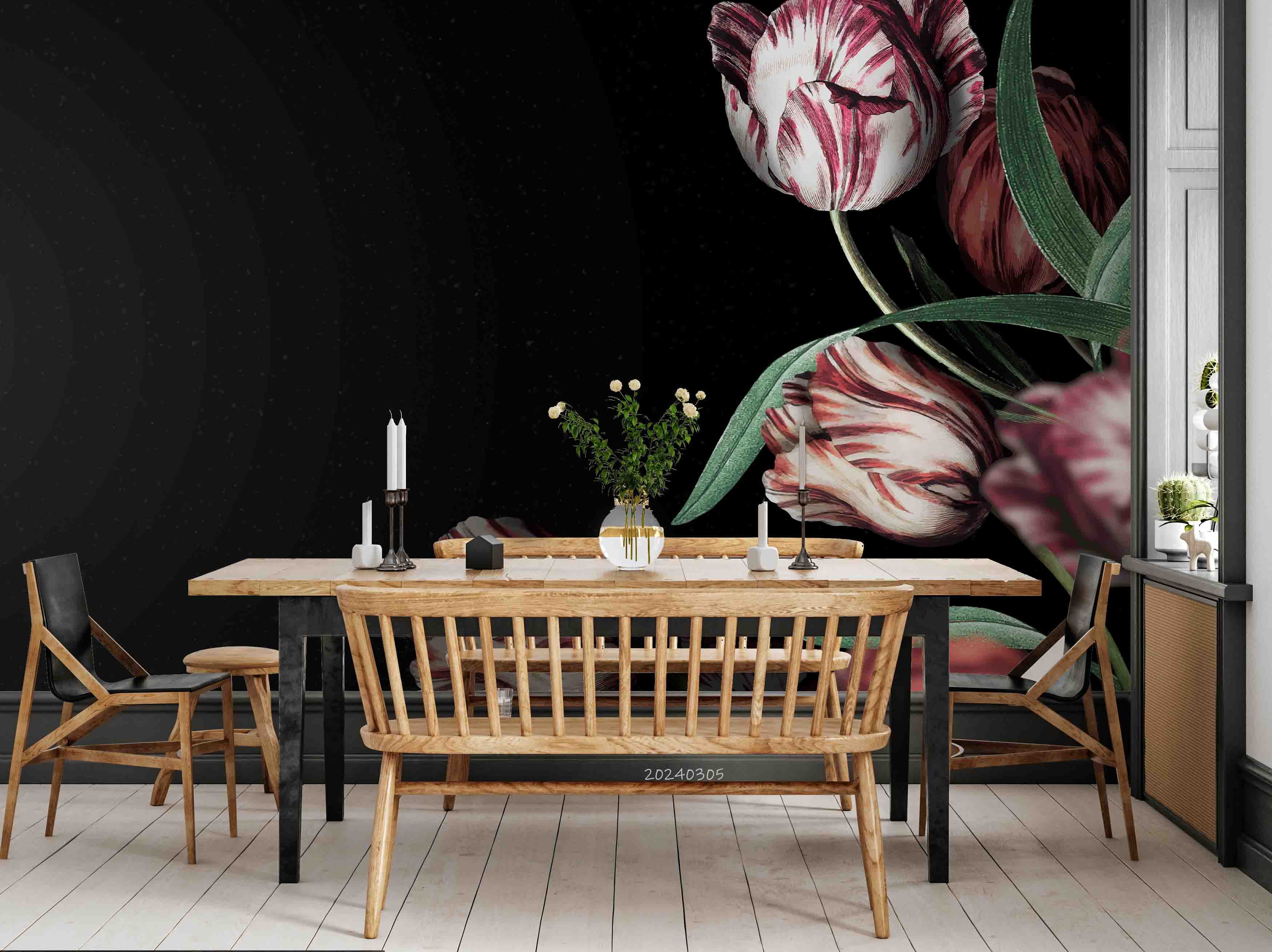 3D Red Tulip Leaves Dark Background Wallpaper Wall Mural Wall Decor Wall Art Wall Sticker Remoable Wallpaper