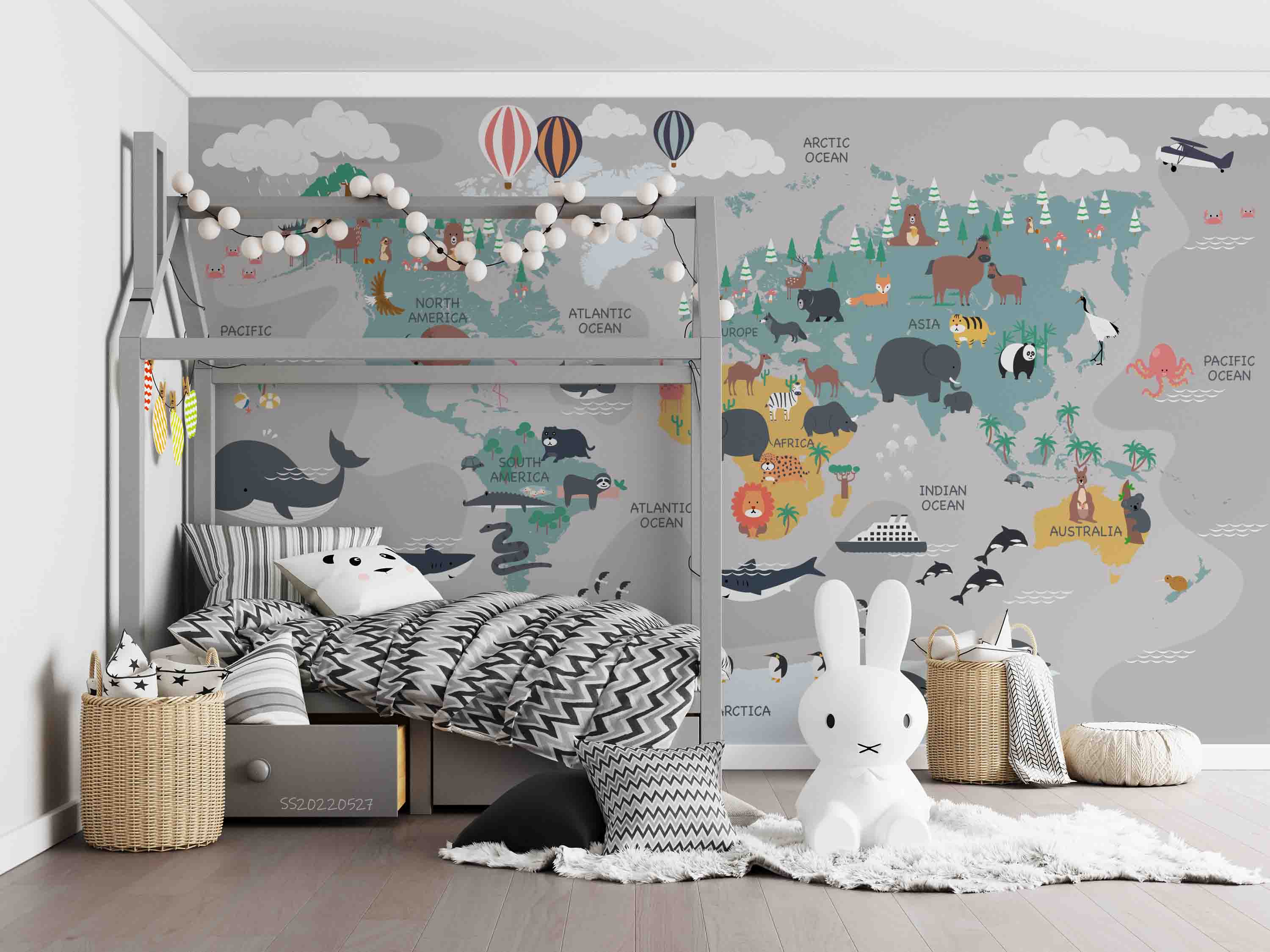3D World Map Cartoon Animal Plant Hot Air Balloon Kids Wall Mural Wallpaper GD 4161- Jess Art Decoration