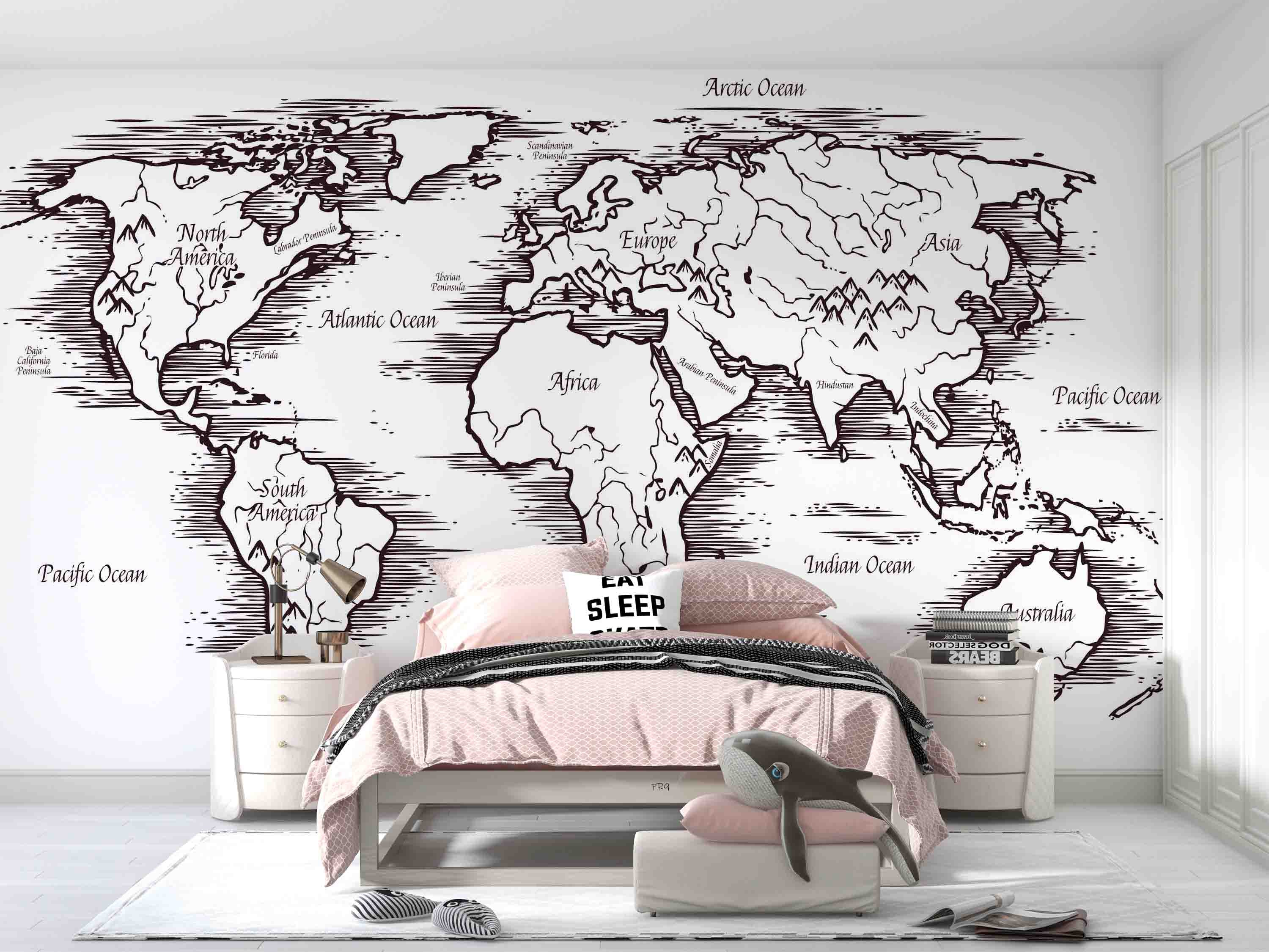 3D Sketch World Map Black White Continent Ocean Wall Mural Wallpaper GD 4636- Jess Art Decoration