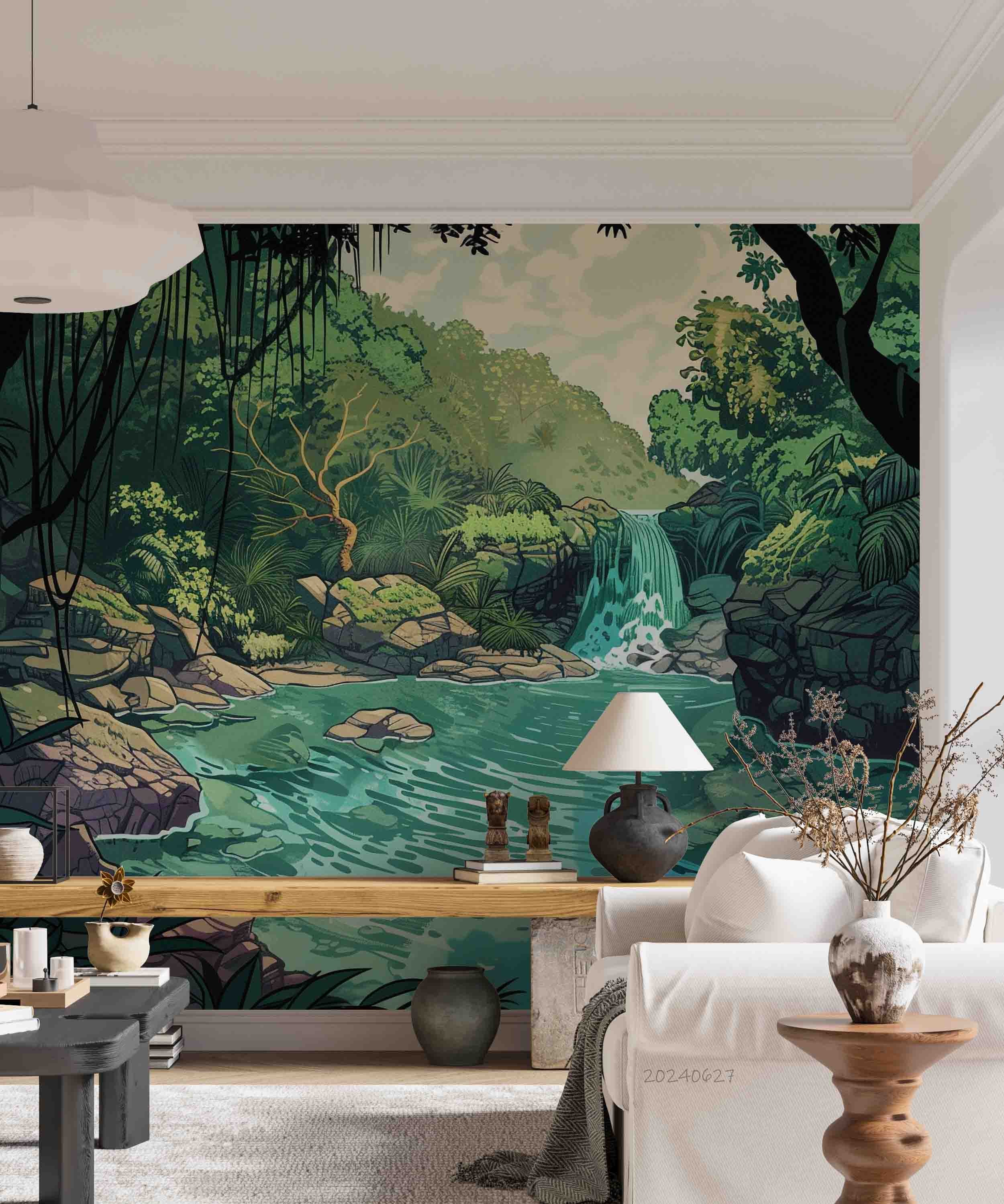 3D Tree Sea Stone Falls Ripple Wall Mural Wallpaper YXL 707