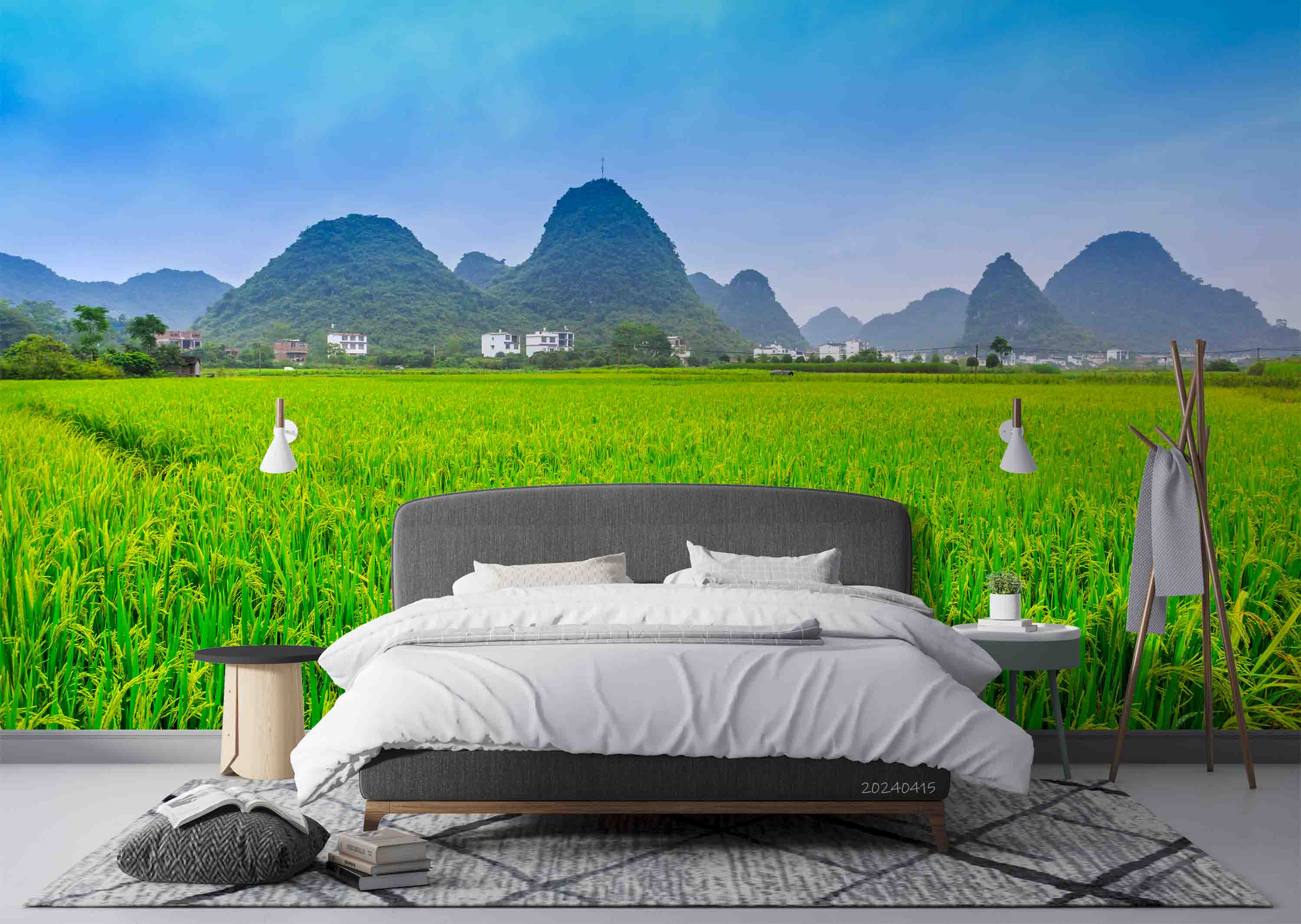 3D Watercolor Mountains Wheat Field Rice Green Wallpaper Wall Mural Wall Decor Wall Art Wall Sticker Remoable Wallpaper