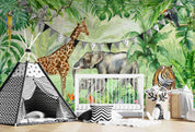 3D Animal Tree Elephant Giraffe  Parrot Cheetah Tiger Wall Mural Wallpaper YXL 2552