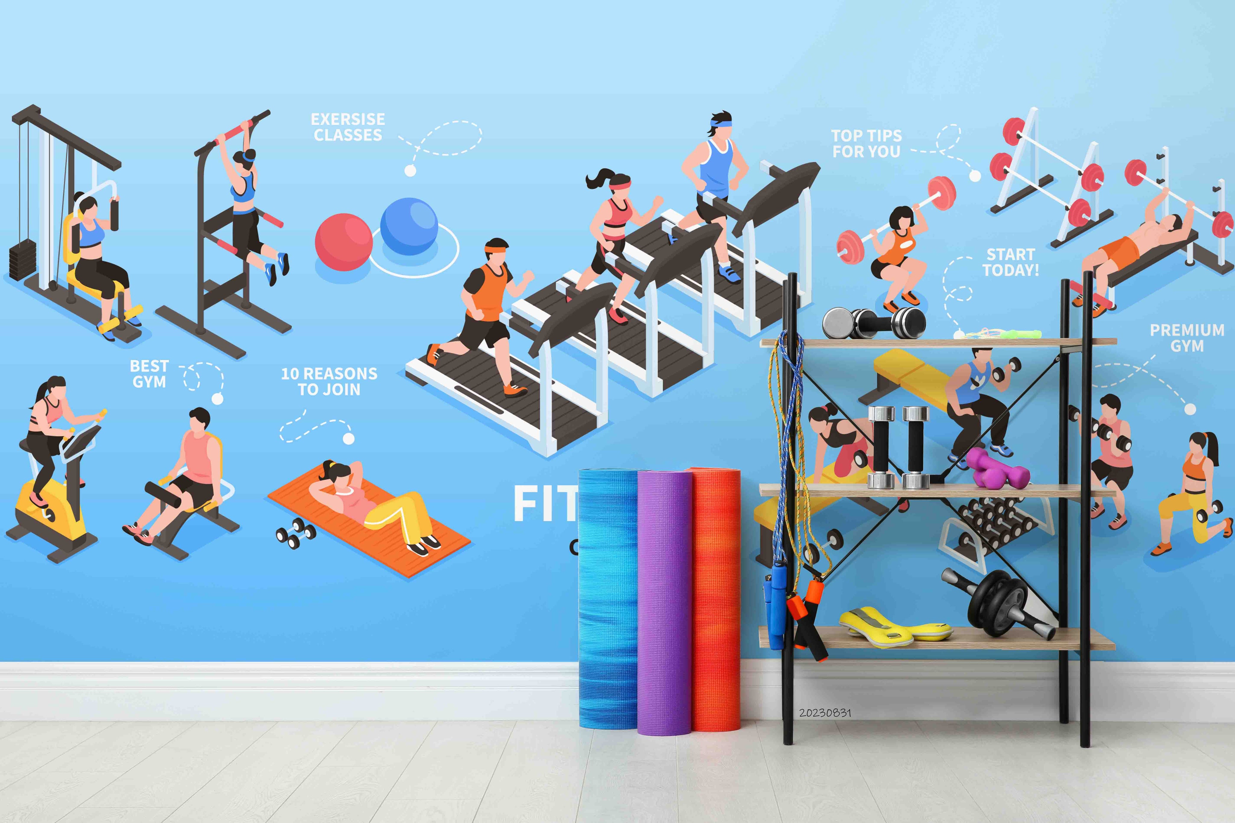 3D Gym Bike Treadmill Horizontal Bar Dumbbell Wall Mural Wallpaper YXL 2393